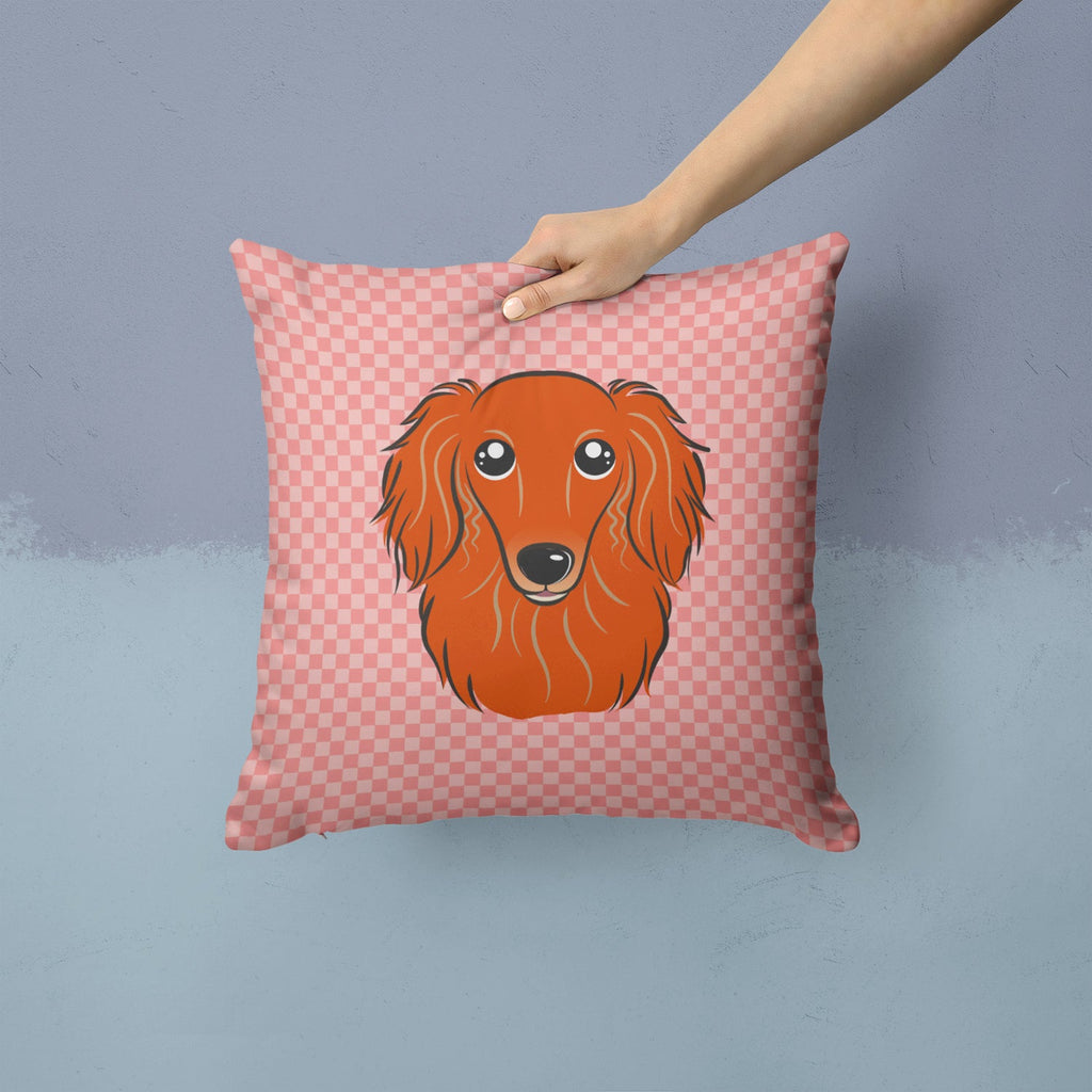Checkerboard Pink Longhair Red Dachshund Decorative Throw Pillow 14x14 Indoor Outdoor Accent Cushion, Fabric Cover with Insert for Sofa, Bed, Porch & Living Room