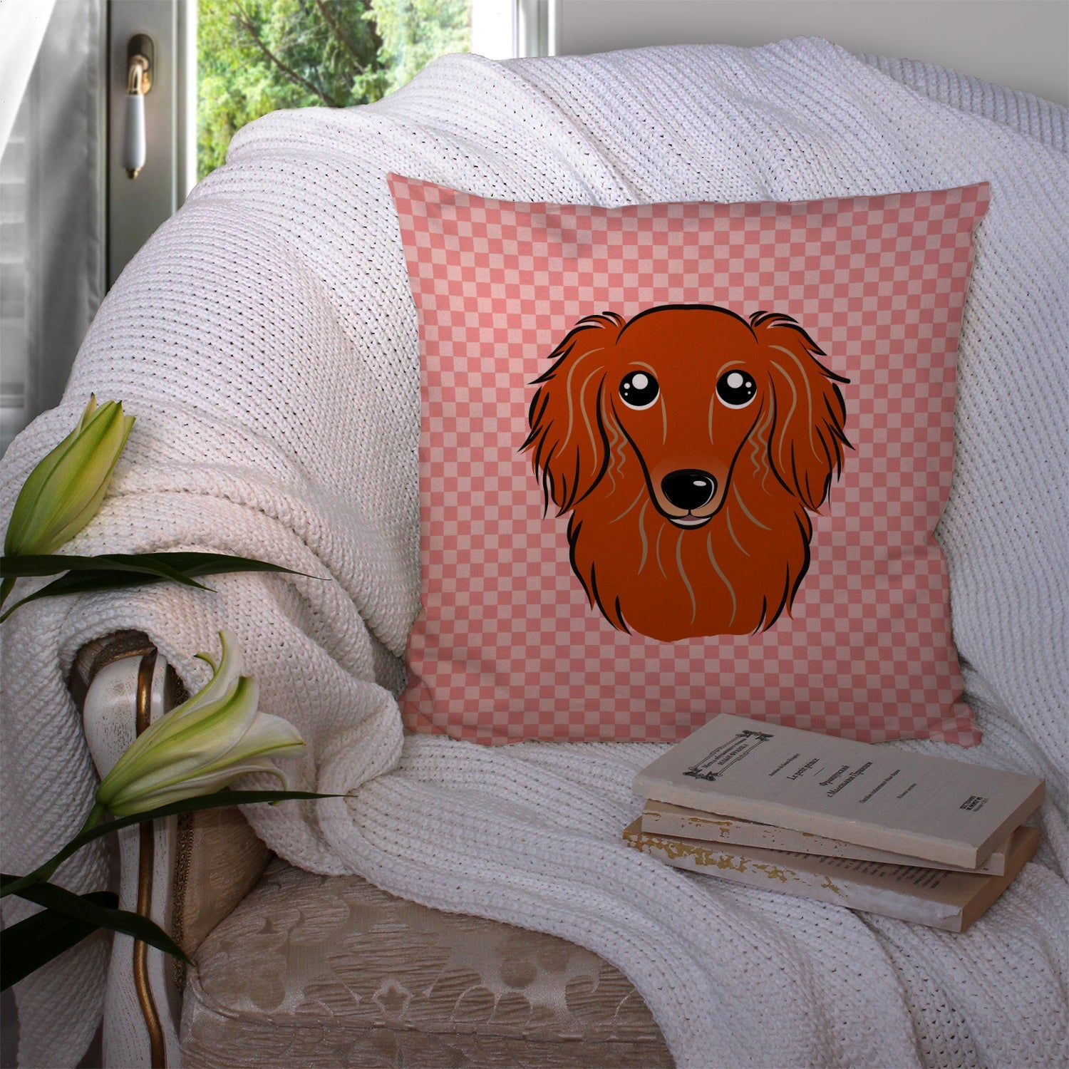 Checkerboard Pink Longhair Red Dachshund Decorative Throw Pillow 14x14 Indoor Outdoor Accent Cushion, Fabric Cover with Insert for Sofa, Bed, Porch & Living Room
