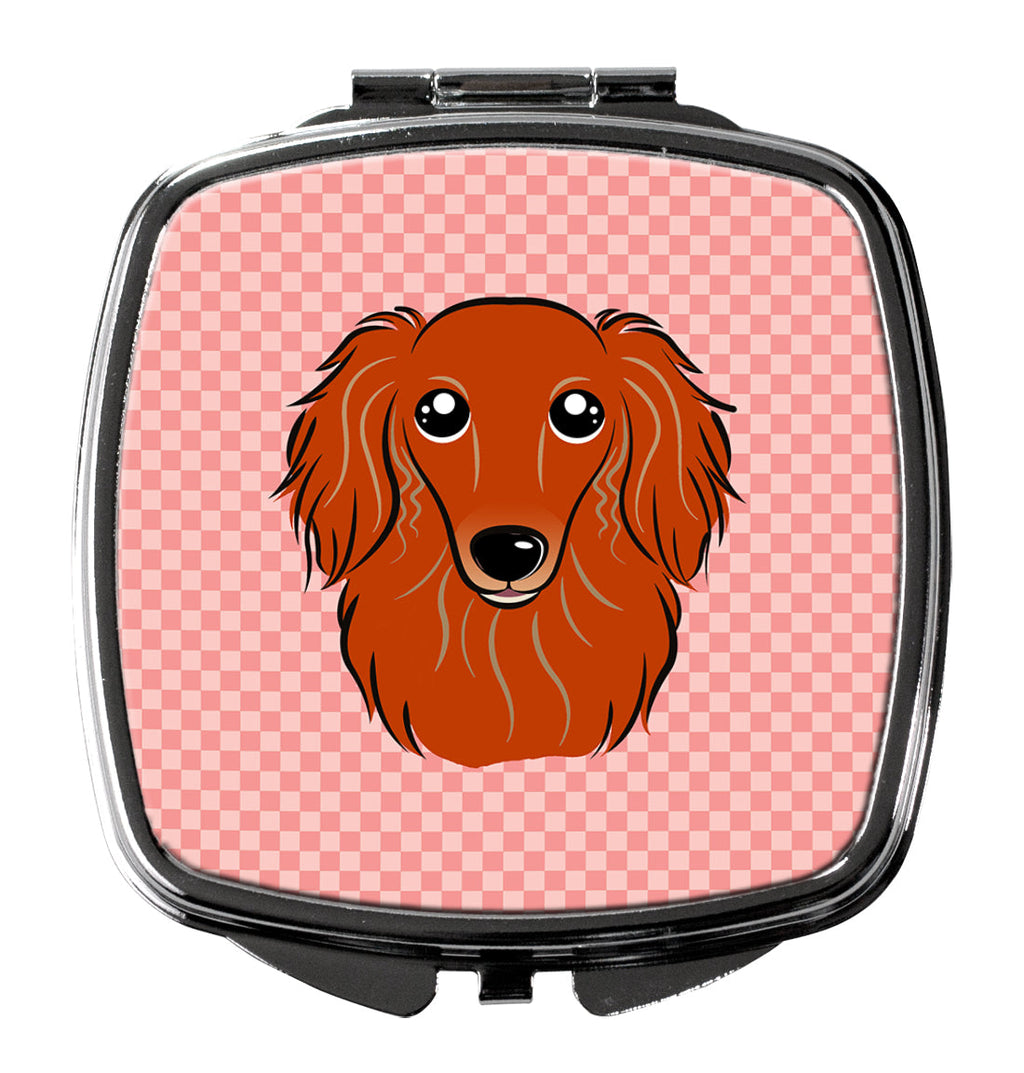 Checkerboard Pink Longhair Red Dachshund Compact Mirror Decorative Travel Makeup Mirror for Women Girls Gifts Pocket Makeup Mirror Folding Handheld