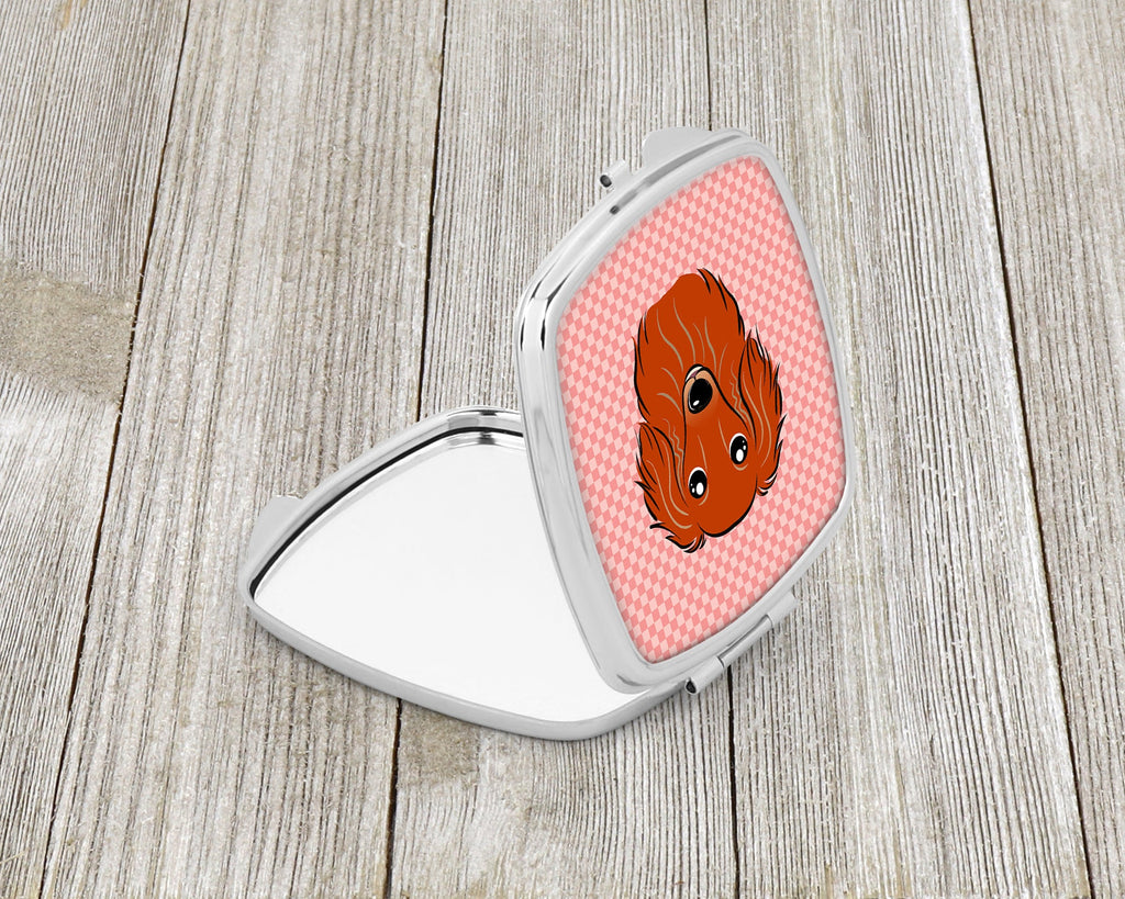 Checkerboard Pink Longhair Red Dachshund Compact Mirror Decorative Travel Makeup Mirror for Women Girls Gifts Pocket Makeup Mirror Folding Handheld