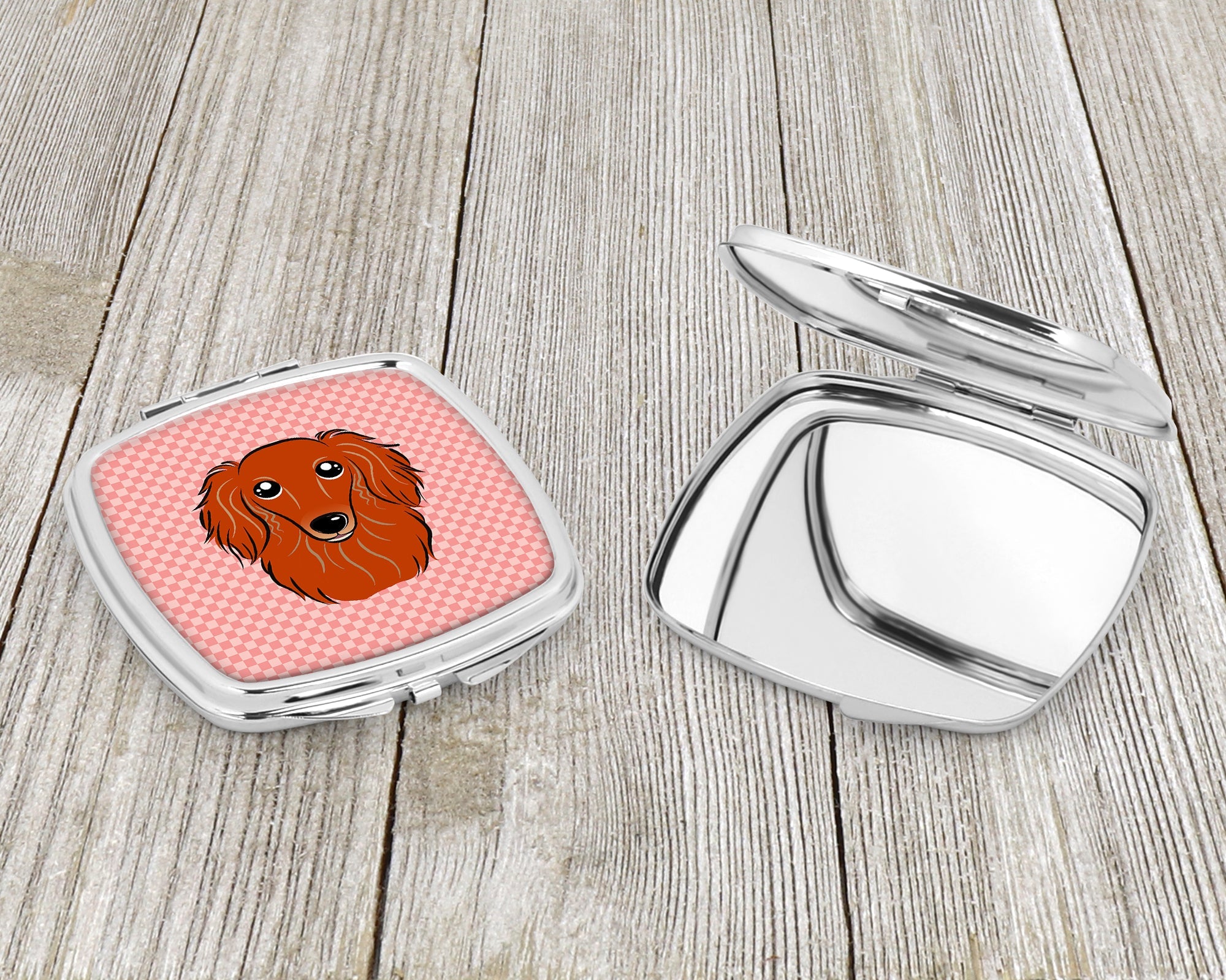 Checkerboard Pink Longhair Red Dachshund Compact Mirror Decorative Travel Makeup Mirror for Women Girls Gifts Pocket Makeup Mirror Folding Handheld