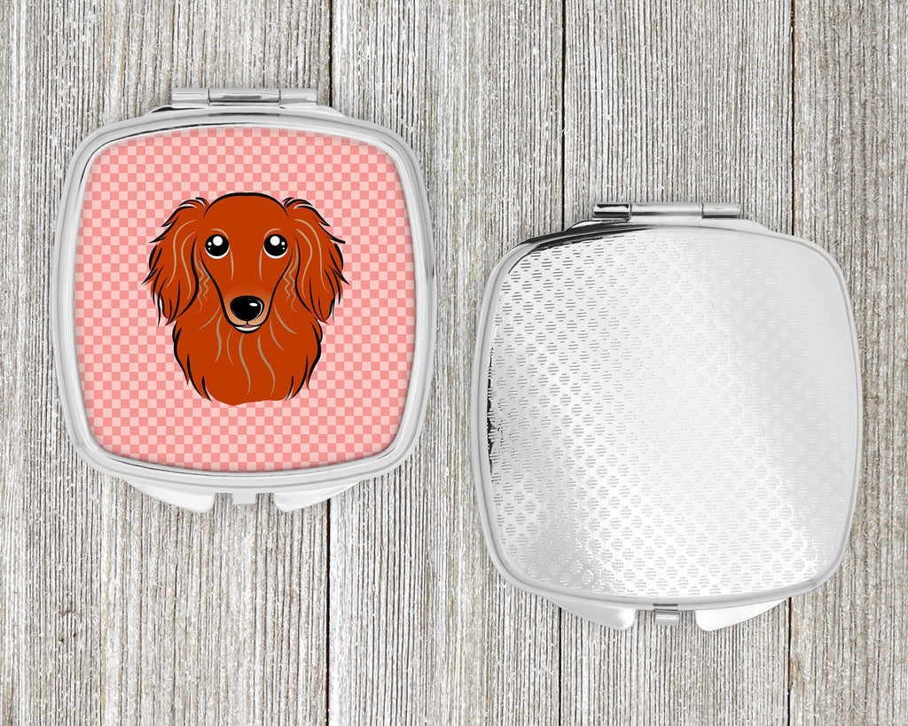 Checkerboard Pink Longhair Red Dachshund Compact Mirror Decorative Travel Makeup Mirror for Women Girls Gifts Pocket Makeup Mirror Folding Handheld