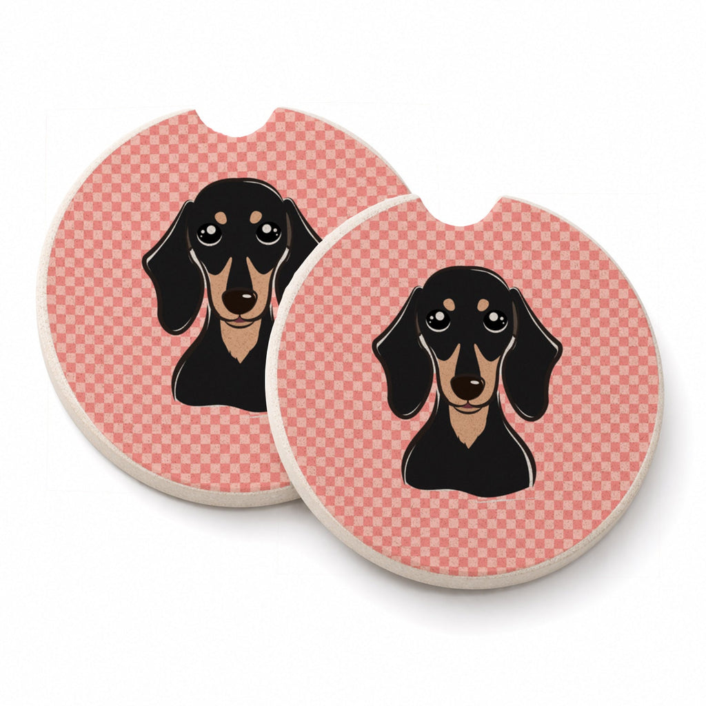 Checkerboard Pink Smooth Black and Tan Dachshund Set of 2 Cup Holder Car Coasters Absorbent Round Sandstone Coasters Gifts for Men or Women, 2.5, Multicolor
