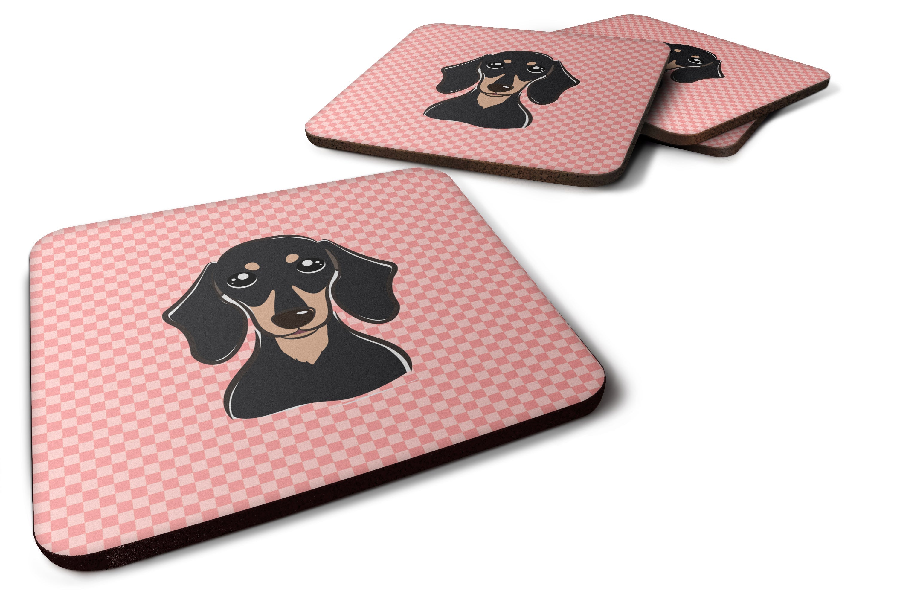 Checkerboard Pink Smooth Black and Tan Dachshund Foam Coasters Set of 4 Cup Coasters for Indoor Outdoor, Tabletop Protection, Anti Slip, Mouse pad Material