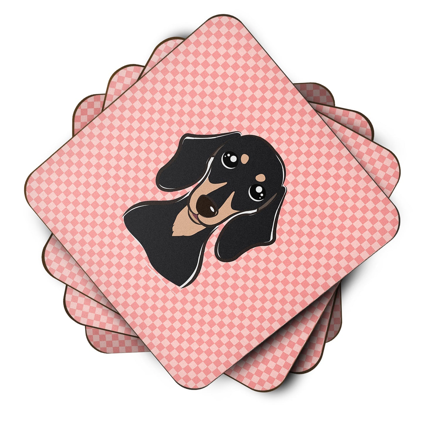 Checkerboard Pink Smooth Black and Tan Dachshund Foam Coasters Set of 4 Cup Coasters for Indoor Outdoor, Tabletop Protection, Anti Slip, Mouse pad Material