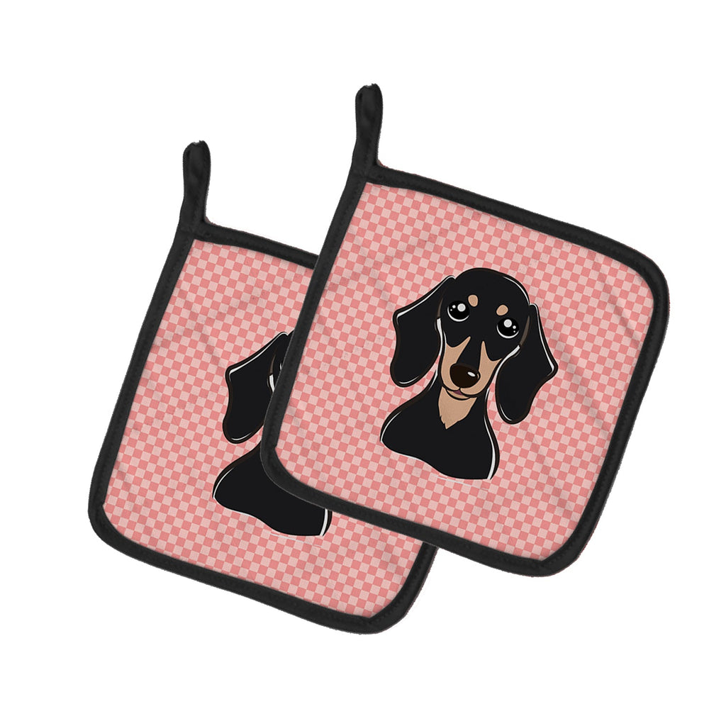Checkerboard Pink Smooth Black and Tan Dachshund Pot Holder Set of 2 Heat Resistant Quilted Hot Pads 7.5 x 7.5 Inch, Insulated Kitchen Trivets for Cooking & Baking