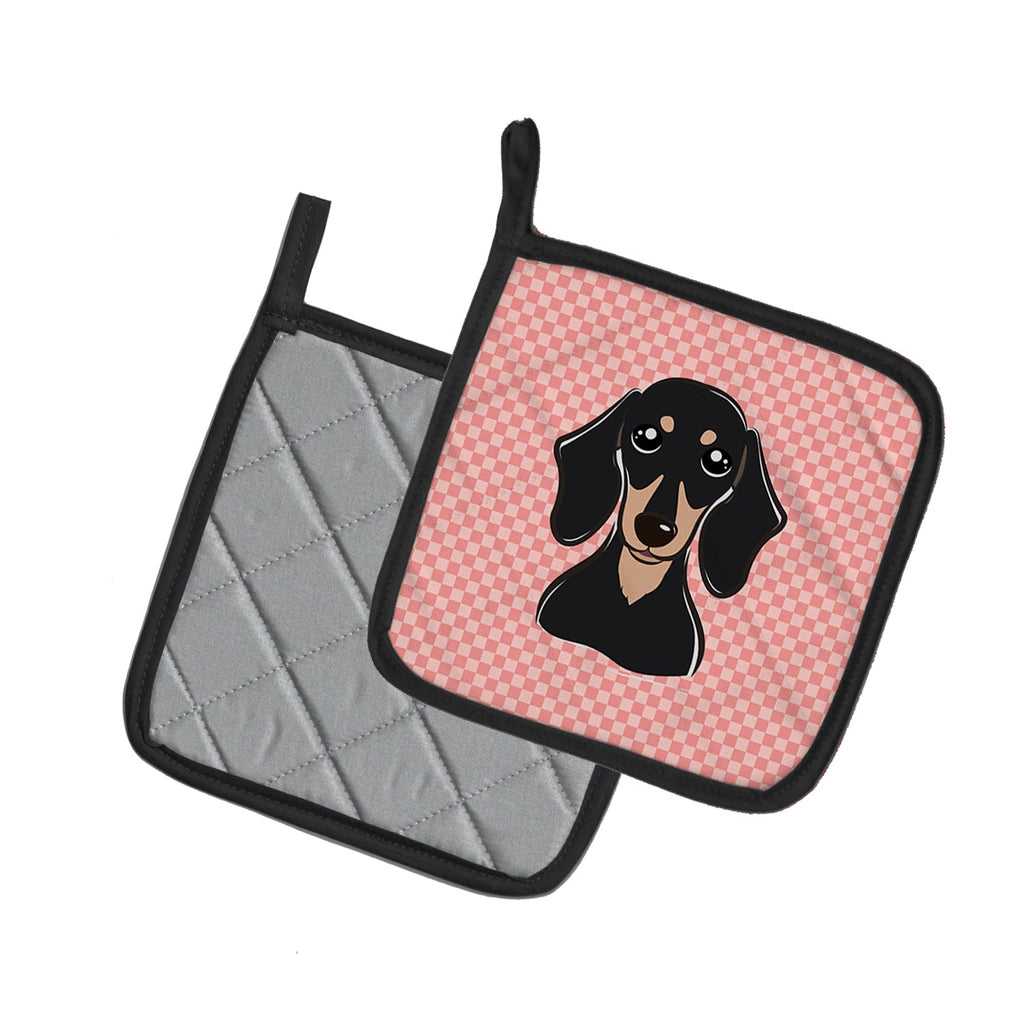 Checkerboard Pink Smooth Black and Tan Dachshund Pot Holder Set of 2 Heat Resistant Quilted Hot Pads 7.5 x 7.5 Inch, Insulated Kitchen Trivets for Cooking & Baking