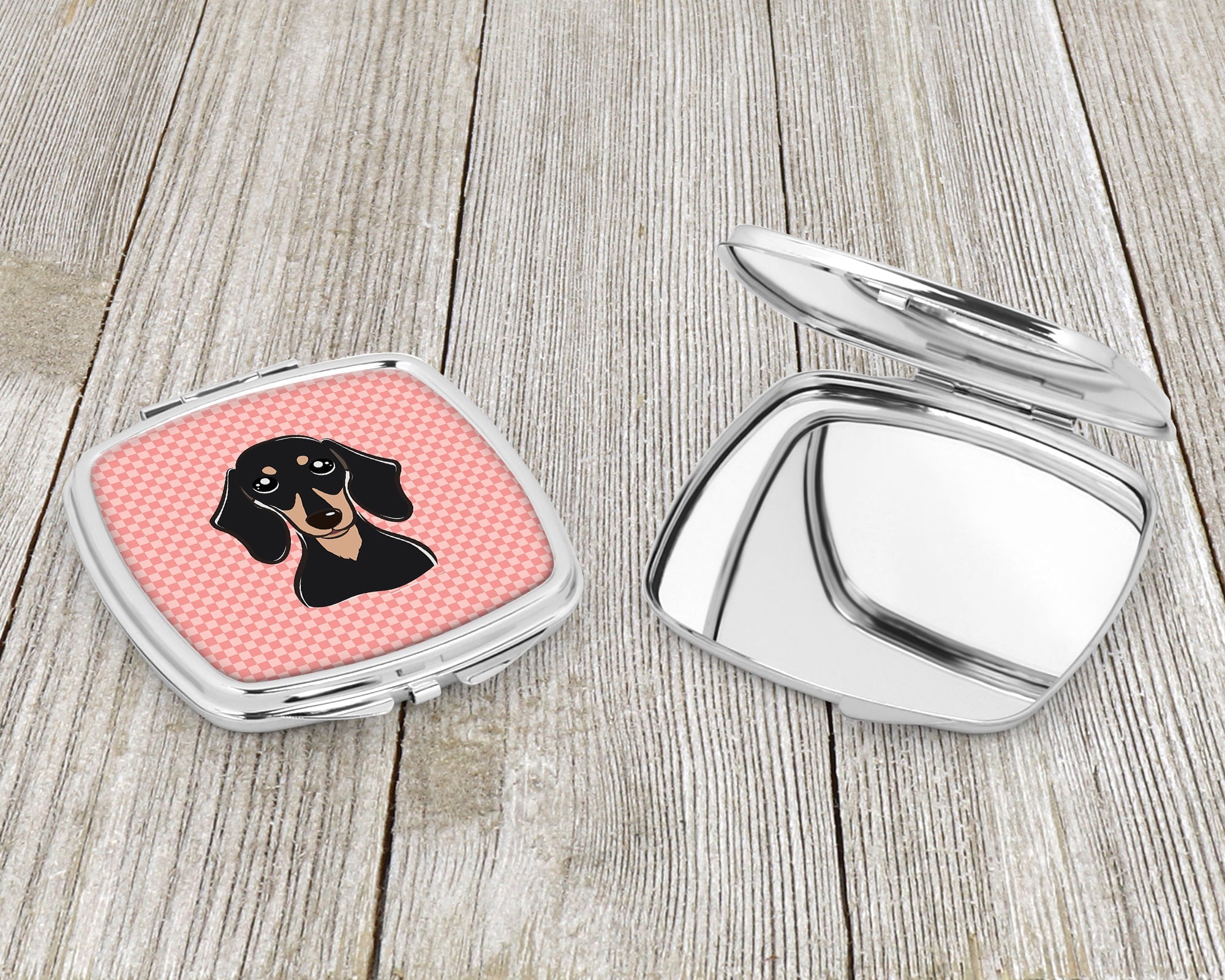 Checkerboard Pink Smooth Black and Tan Dachshund Compact Mirror Decorative Travel Makeup Mirror for Women Girls Gifts Pocket Makeup Mirror Folding Handheld