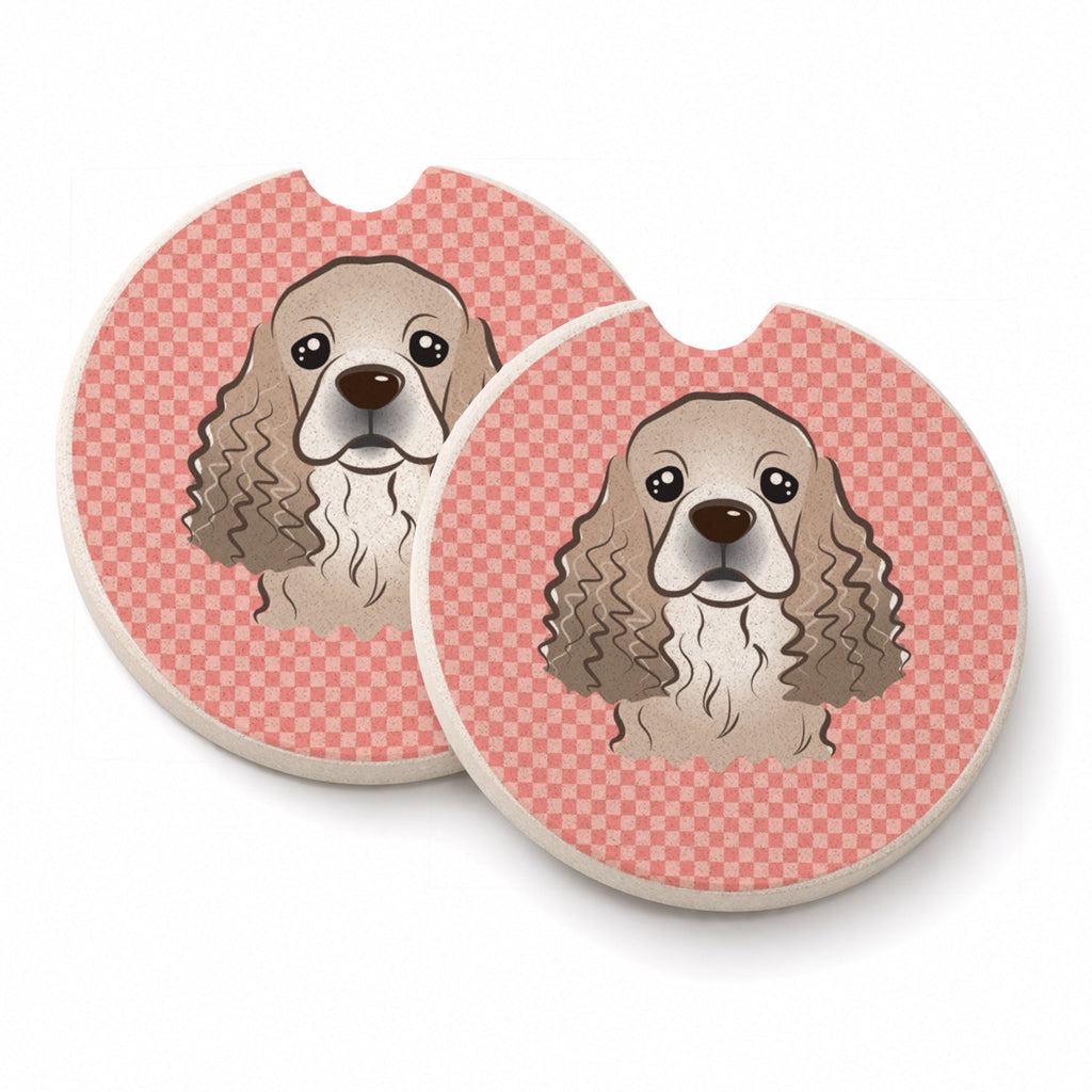 Checkerboard Pink Cocker Spaniel Set of 2 Cup Holder Car Coasters Absorbent Round Sandstone Coasters Gifts for Men or Women, 2.5, Multicolor