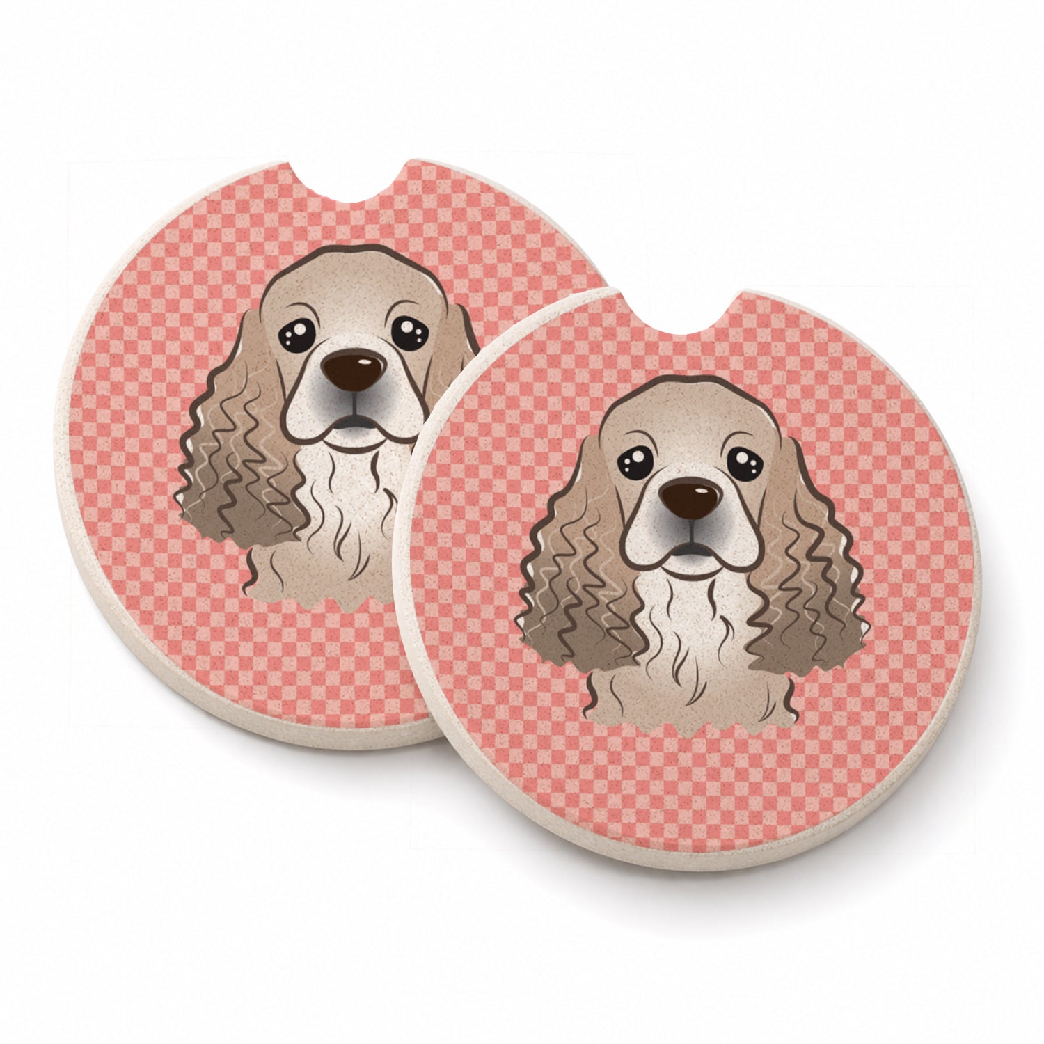 Checkerboard Pink Cocker Spaniel Set of 2 Cup Holder Car Coasters Absorbent Round Sandstone Coasters Gifts for Men or Women, 2.5, Multicolor