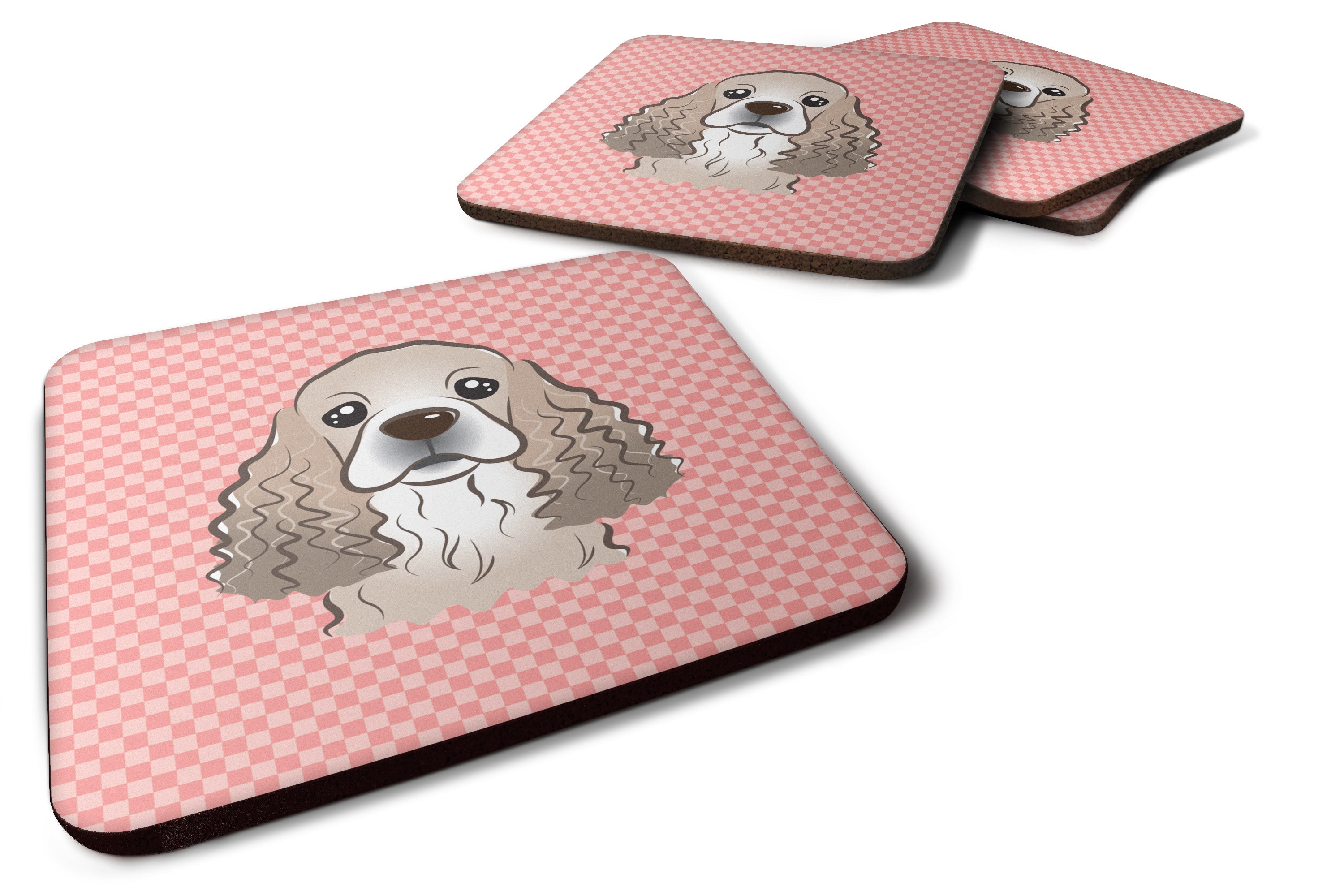 Checkerboard Pink Cocker Spaniel Foam Coasters Set of 4 Cup Coasters for Indoor Outdoor, Tabletop Protection, Anti Slip, Mouse pad Material