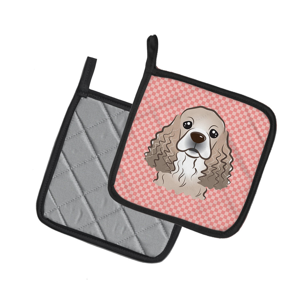Checkerboard Pink Cocker Spaniel Pot Holder Set of 2 Heat Resistant Quilted Hot Pads 7.5 x 7.5 Inch, Insulated Kitchen Trivets for Cooking & Baking