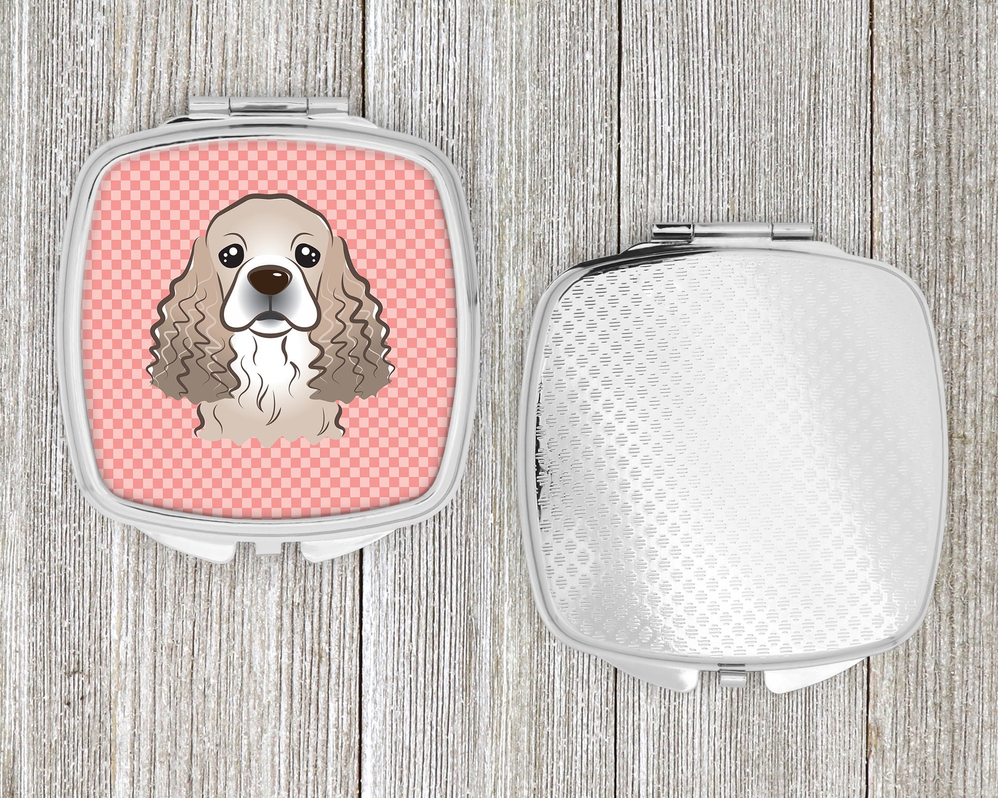 Checkerboard Pink Cocker Spaniel Compact Mirror Decorative Travel Makeup Mirror for Women Girls Gifts Pocket Makeup Mirror Folding Handheld