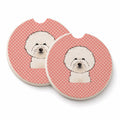 Checkerboard Pink Bichon Frise Set of 2 Cup Holder Car Coasters Absorbent Round Sandstone Coasters Gifts for Men or Women, 2.5, Multicolor