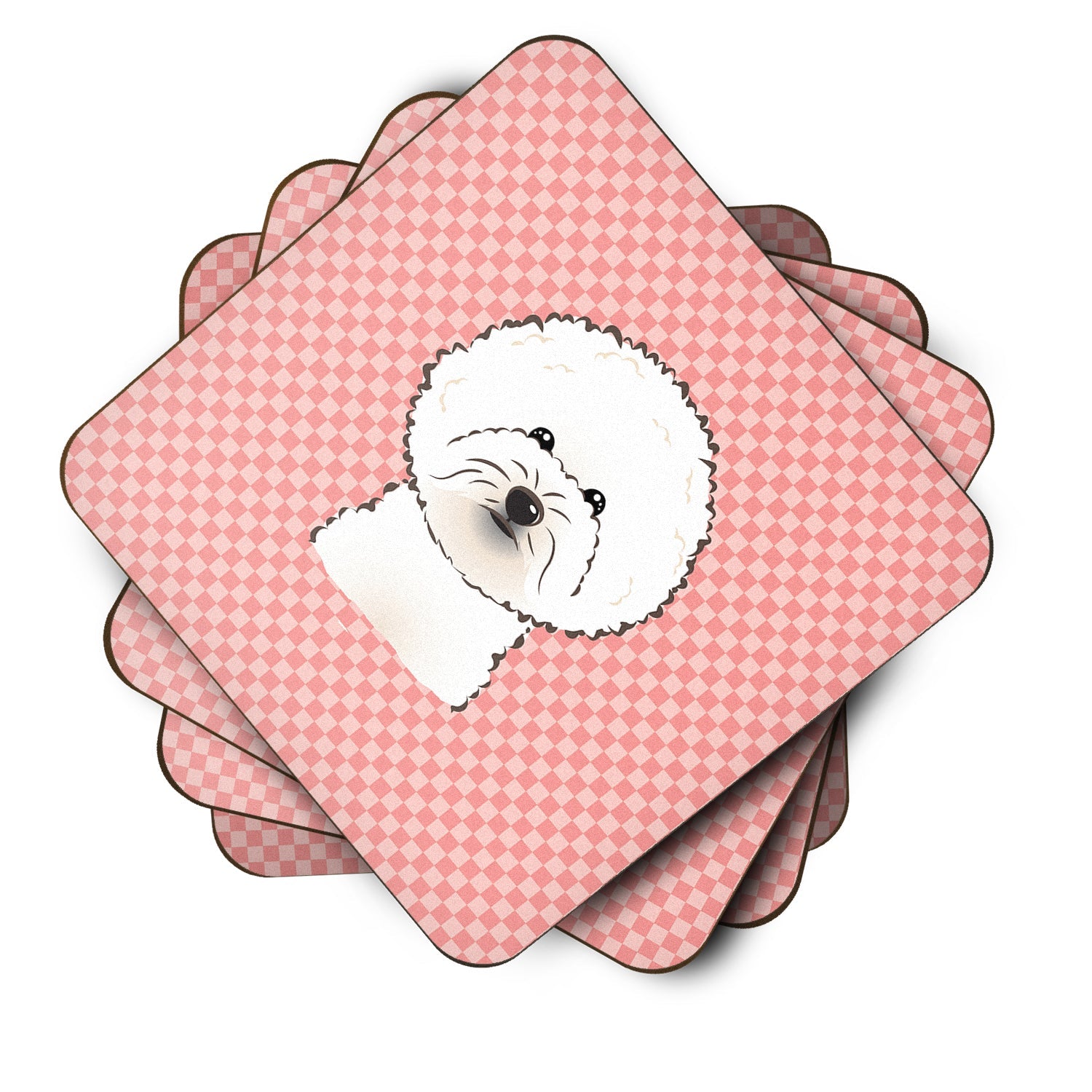 Checkerboard Pink Bichon Frise Foam Coasters Set of 4 Cup Coasters for Indoor Outdoor, Tabletop Protection, Anti Slip, Mouse pad Material