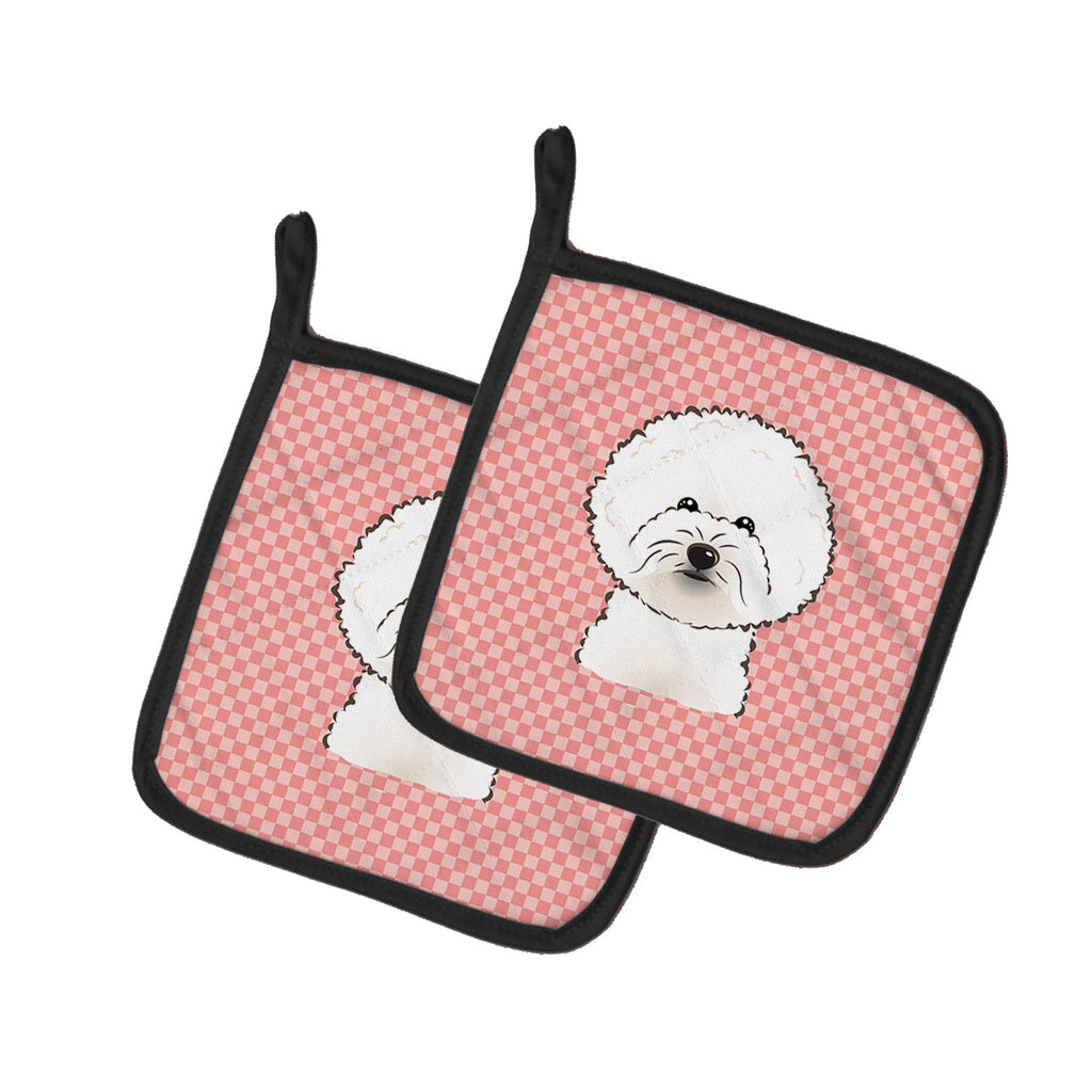 Checkerboard Pink Bichon Frise Pot Holder Set of 2 Heat Resistant Quilted Hot Pads 7.5 x 7.5 Inch, Insulated Kitchen Trivets for Cooking & Baking