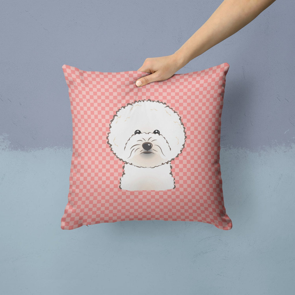 Checkerboard Pink Bichon Frise Decorative Throw Pillow 14x14 Indoor Outdoor Accent Cushion, Fabric Cover with Insert for Sofa, Bed, Porch & Living Room