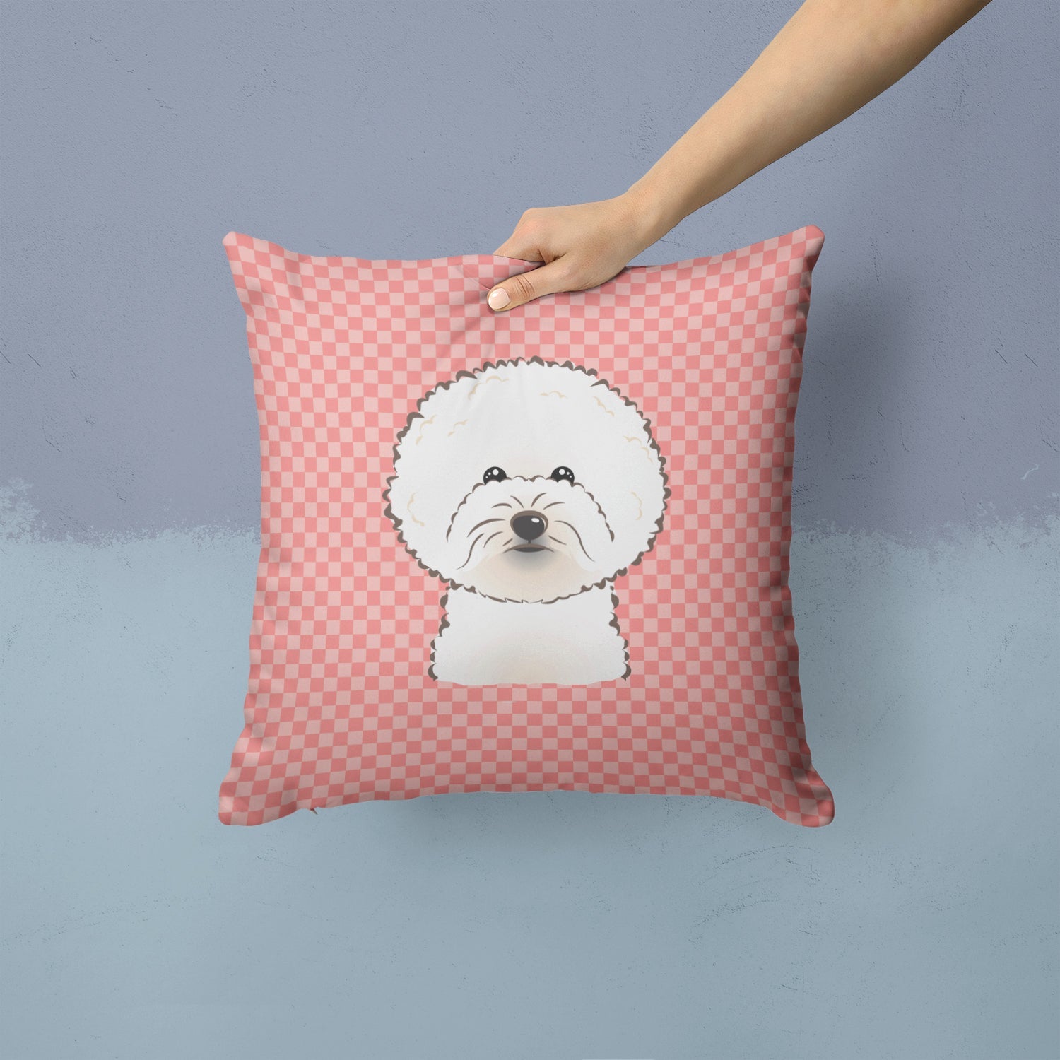 Checkerboard Pink Bichon Frise Decorative Throw Pillow 14x14 Indoor Outdoor Accent Cushion, Fabric Cover with Insert for Sofa, Bed, Porch & Living Room