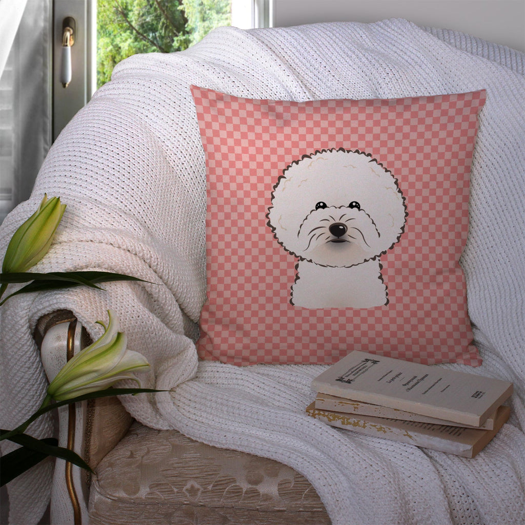 Checkerboard Pink Bichon Frise Decorative Throw Pillow 14x14 Indoor Outdoor Accent Cushion, Fabric Cover with Insert for Sofa, Bed, Porch & Living Room