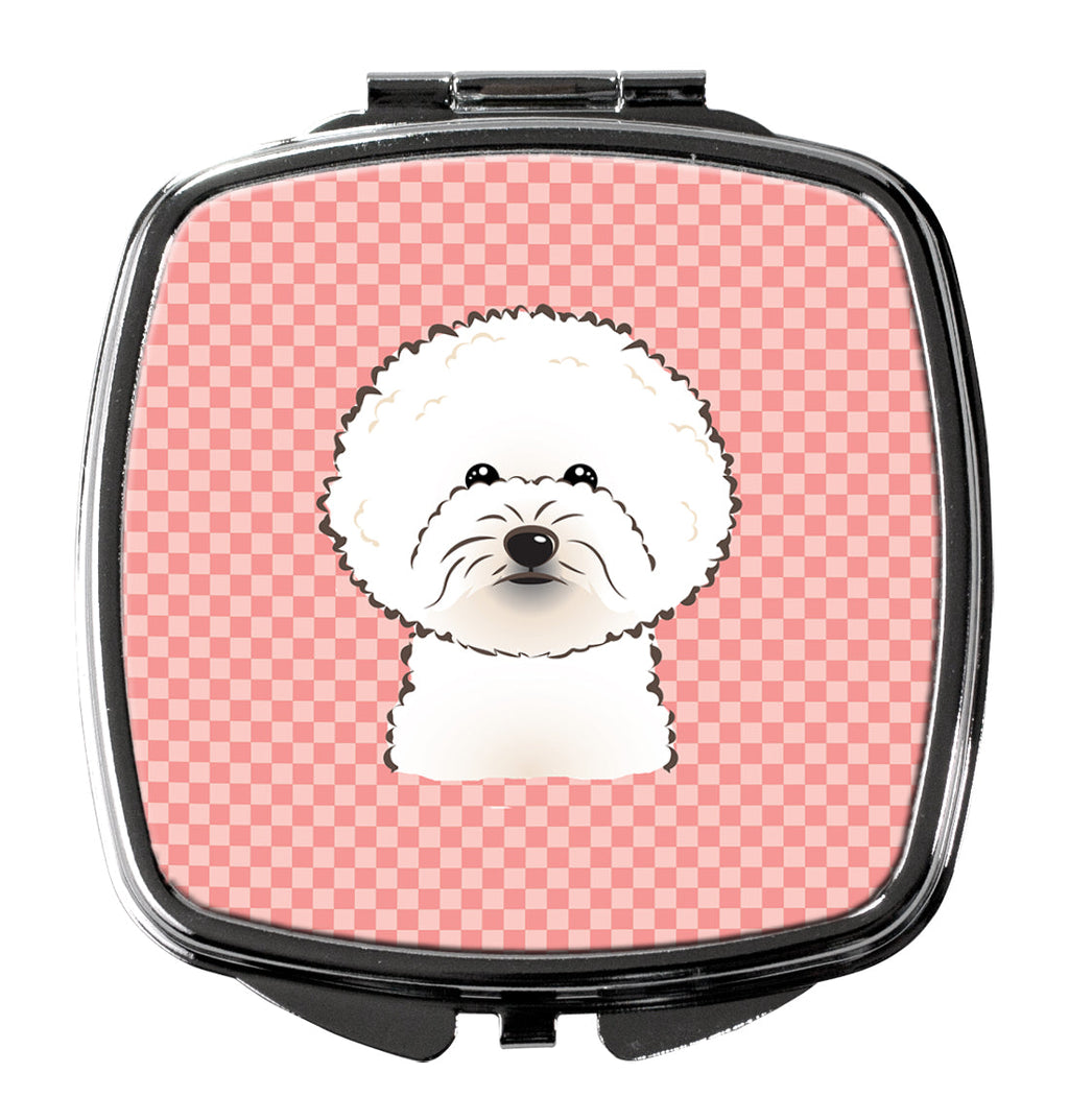 Checkerboard Pink Bichon Frise Compact Mirror Decorative Travel Makeup Mirror for Women Girls Gifts Pocket Makeup Mirror Folding Handheld