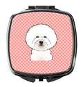Checkerboard Pink Bichon Frise Compact Mirror Decorative Travel Makeup Mirror for Women Girls Gifts Pocket Makeup Mirror Folding Handheld