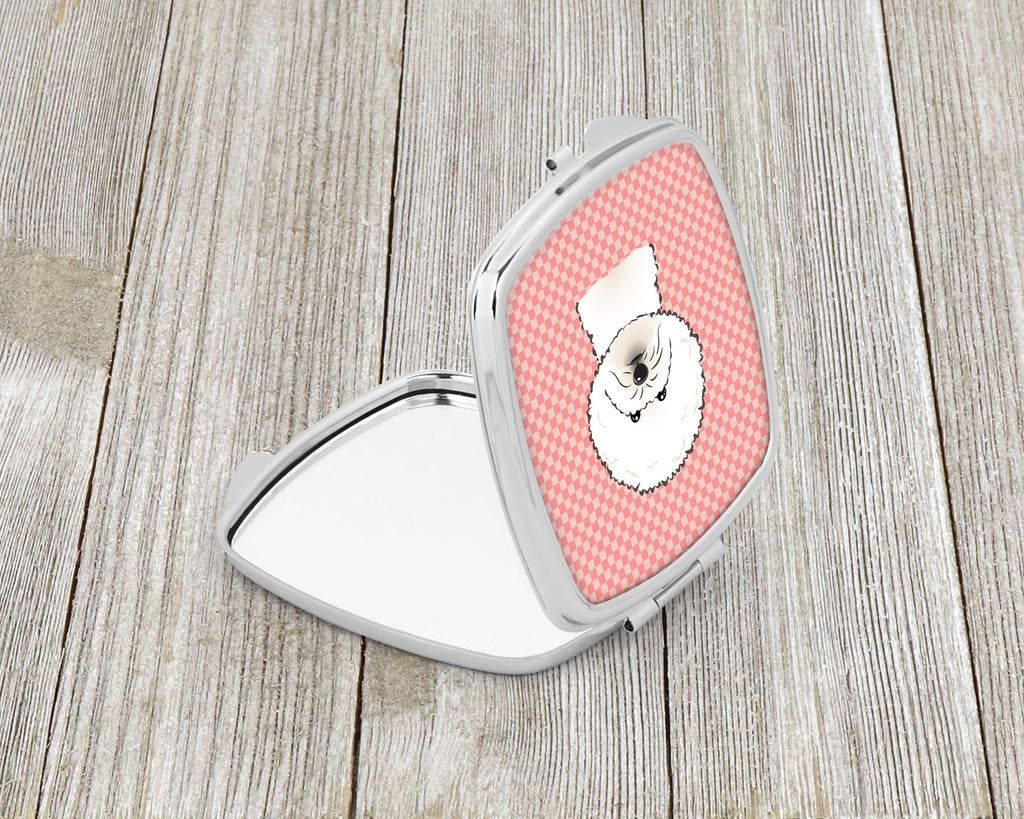 Checkerboard Pink Bichon Frise Compact Mirror Decorative Travel Makeup Mirror for Women Girls Gifts Pocket Makeup Mirror Folding Handheld