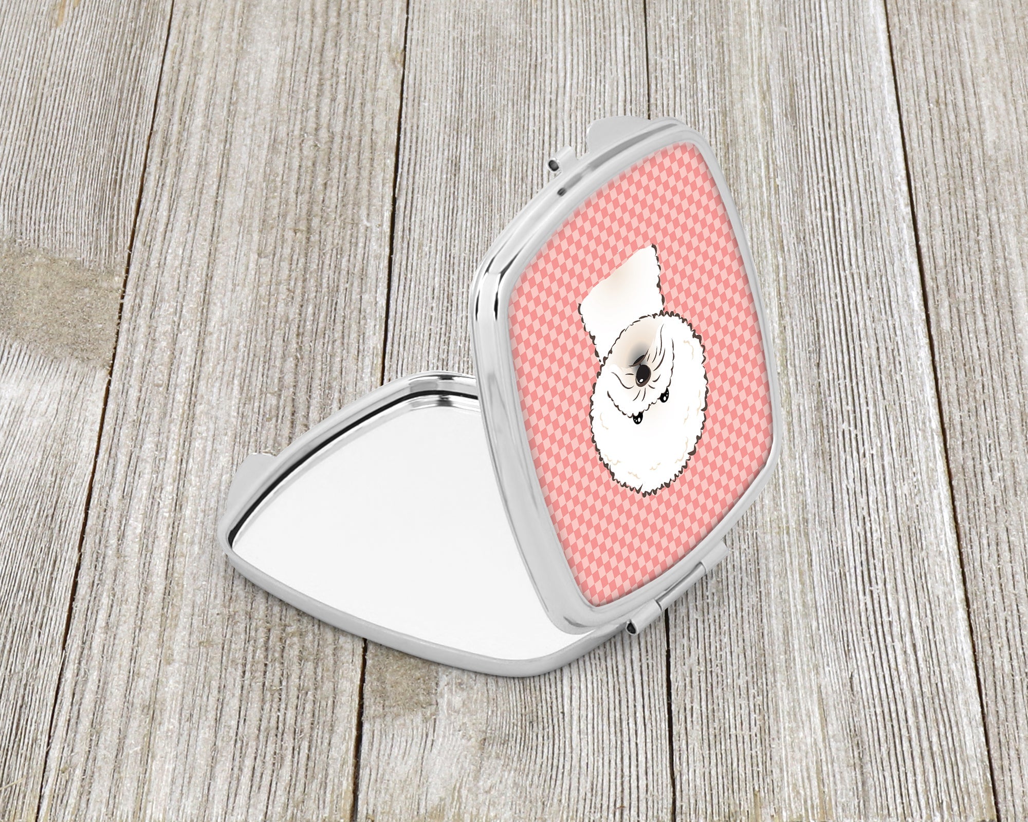 Checkerboard Pink Bichon Frise Compact Mirror Decorative Travel Makeup Mirror for Women Girls Gifts Pocket Makeup Mirror Folding Handheld