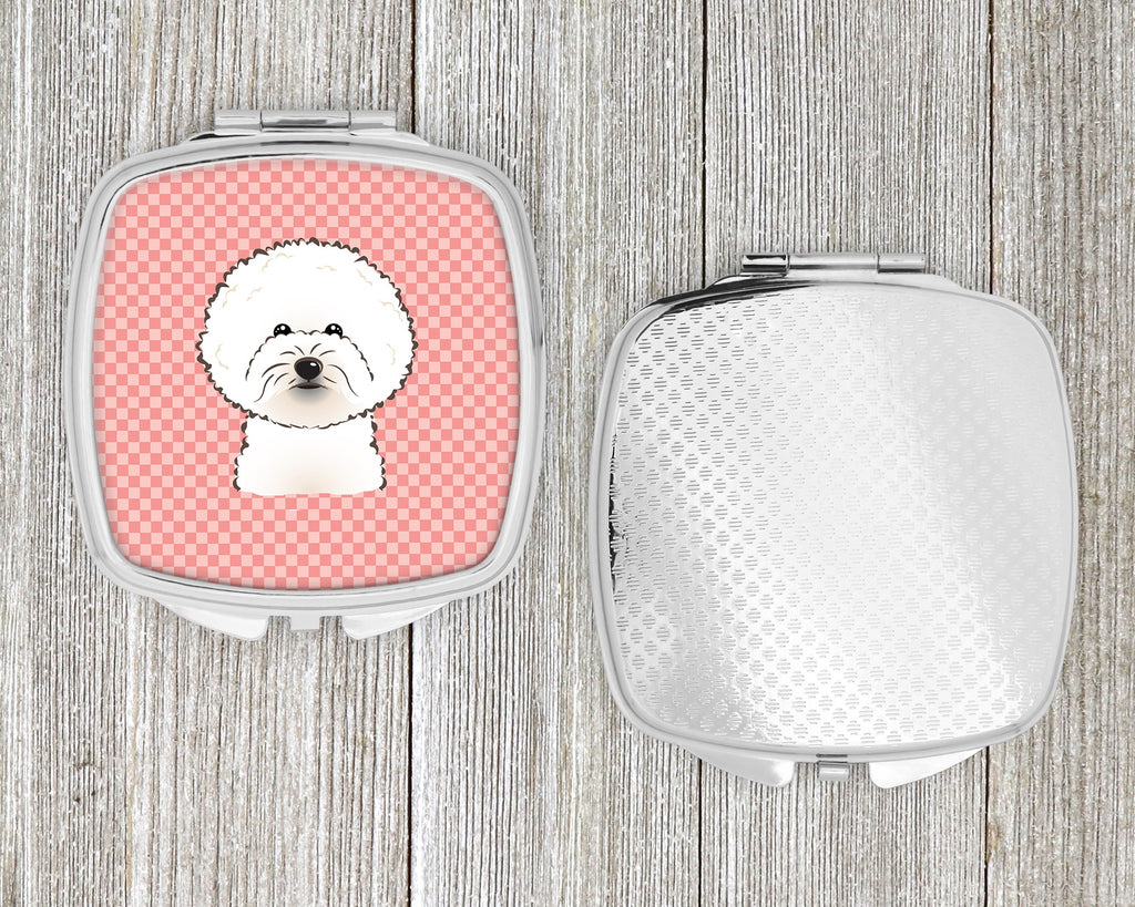 Checkerboard Pink Bichon Frise Compact Mirror Decorative Travel Makeup Mirror for Women Girls Gifts Pocket Makeup Mirror Folding Handheld