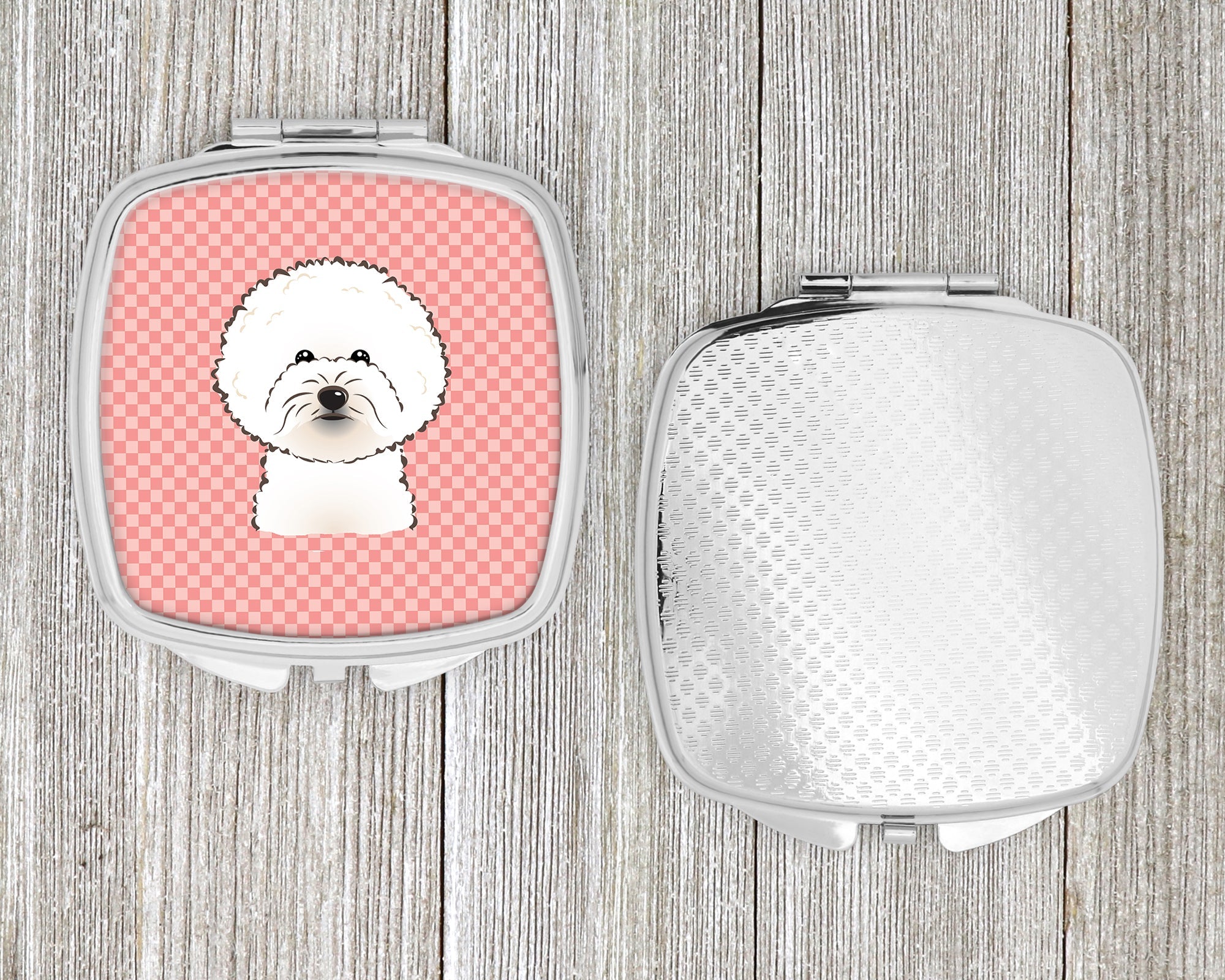 Checkerboard Pink Bichon Frise Compact Mirror Decorative Travel Makeup Mirror for Women Girls Gifts Pocket Makeup Mirror Folding Handheld
