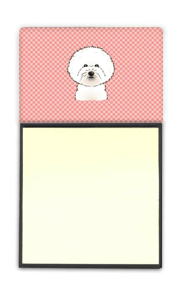 Checkerboard Pink Bichon Frise Watercolor Sticky Note Holder Refillable Dispenser Desk Accessory 3x3 Pad Gift