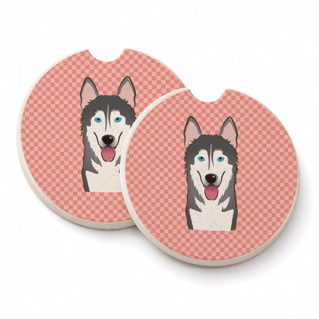 Checkerboard Pink Alaskan Malamute Set of 2 Cup Holder Car Coasters Absorbent Round Sandstone Coasters Gifts for Men or Women, 2.5, Multicolor