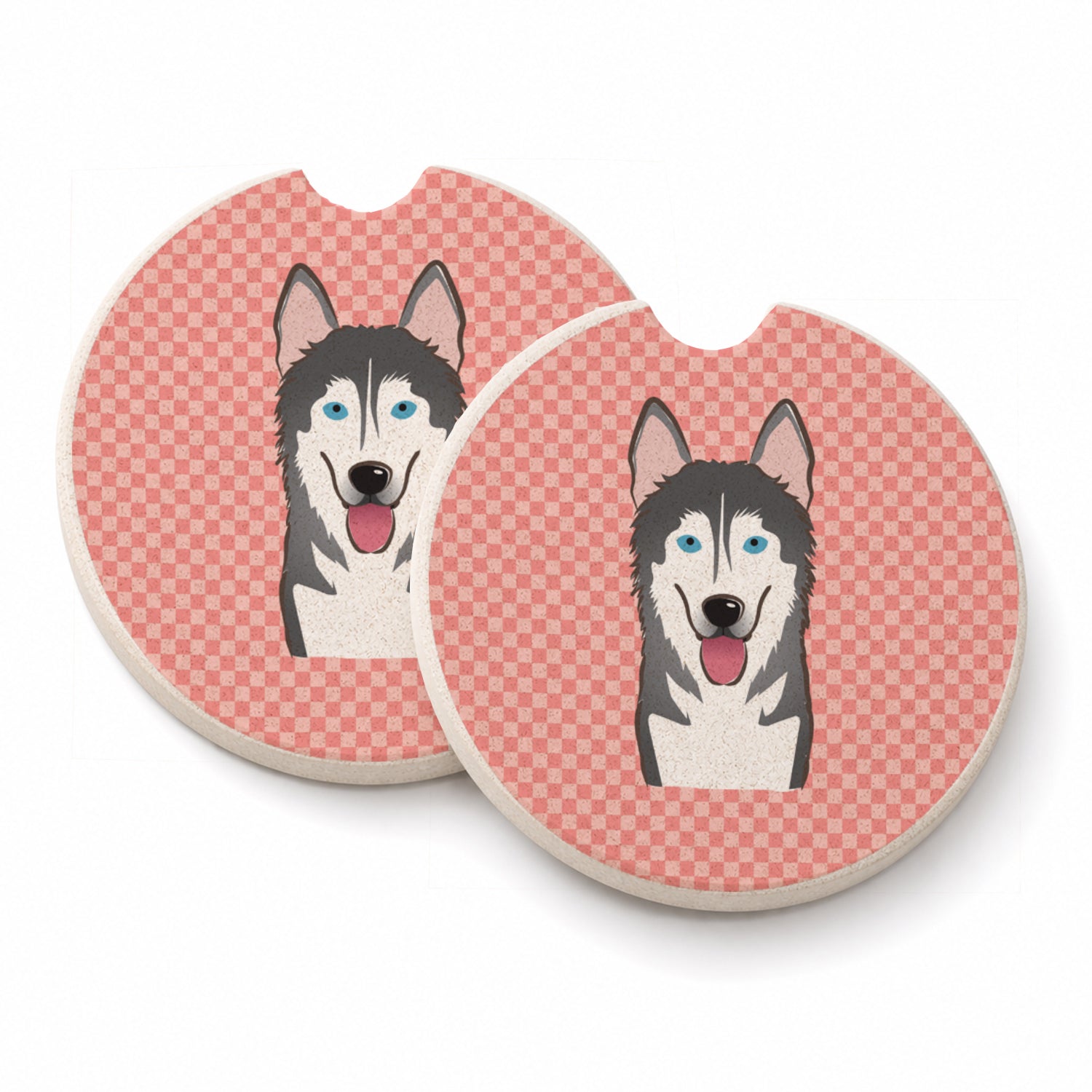 Checkerboard Pink Alaskan Malamute Set of 2 Cup Holder Car Coasters Absorbent Round Sandstone Coasters Gifts for Men or Women, 2.5, Multicolor