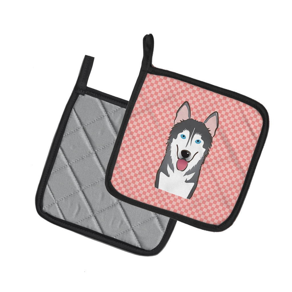Checkerboard Pink Alaskan Malamute Pot Holder Set of 2 Heat Resistant Quilted Hot Pads 7.5 x 7.5 Inch, Insulated Kitchen Trivets for Cooking & Baking