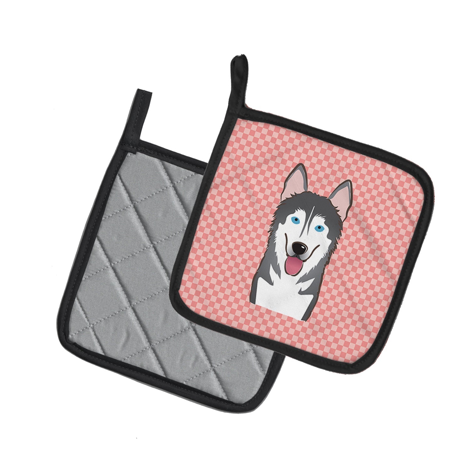 Checkerboard Pink Alaskan Malamute Pot Holder Set of 2 Heat Resistant Quilted Hot Pads 7.5 x 7.5 Inch, Insulated Kitchen Trivets for Cooking & Baking