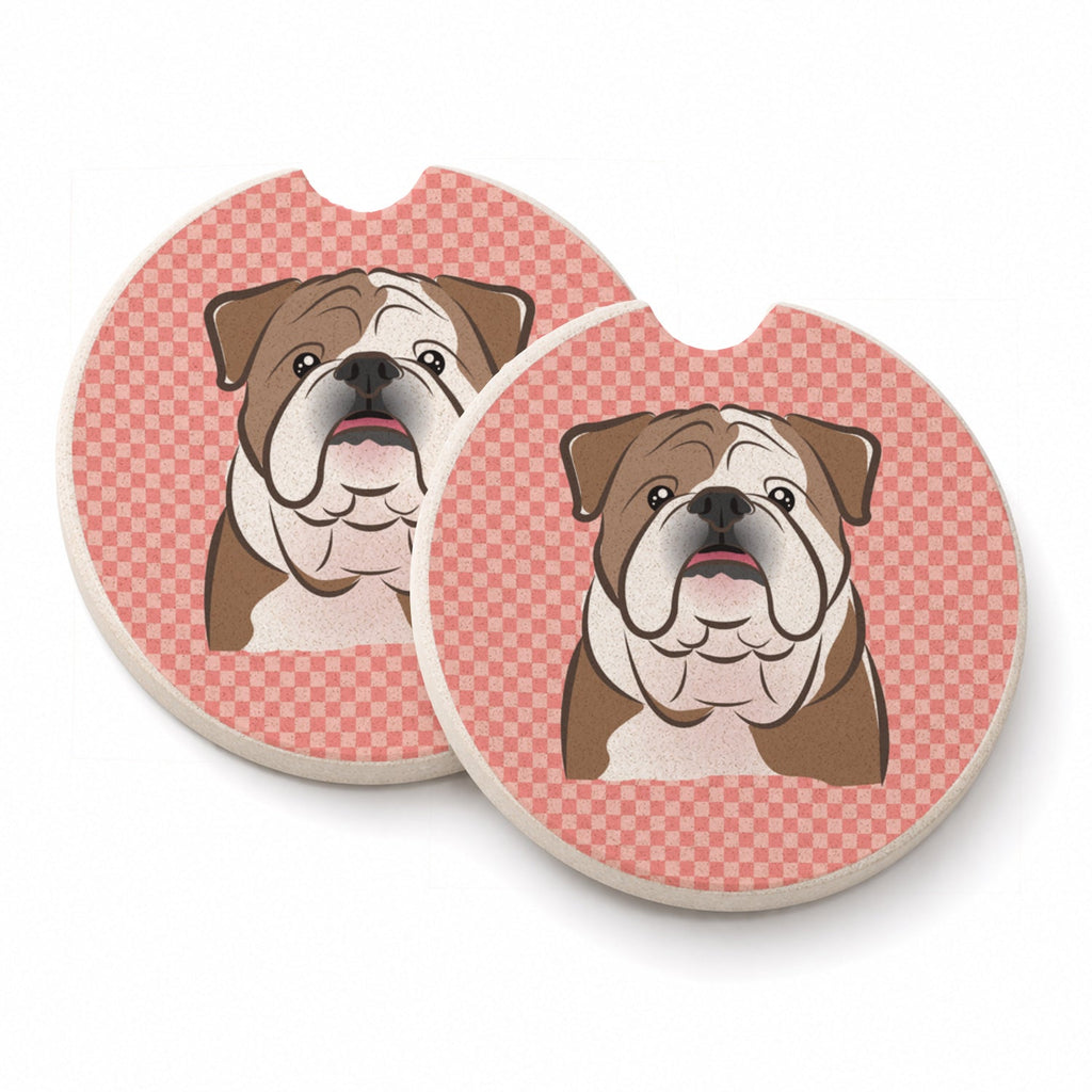 Checkerboard Pink English Bulldog  Set of 2 Cup Holder Car Coasters Absorbent Round Sandstone Coasters Gifts for Men or Women, 2.5, Multicolor