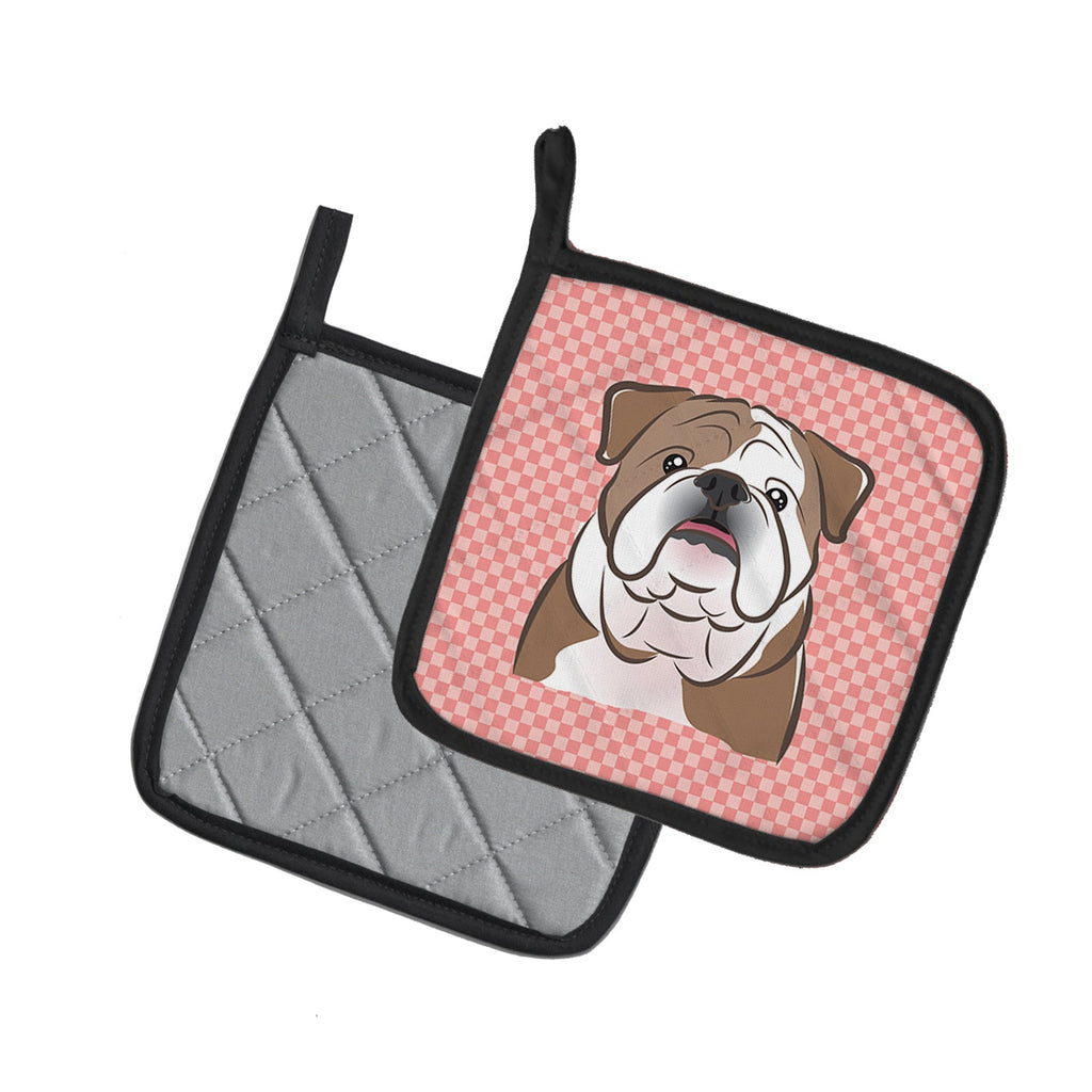 Checkerboard Pink English Bulldog  Pot Holder Set of 2 Heat Resistant Quilted Hot Pads 7.5 x 7.5 Inch, Insulated Kitchen Trivets for Cooking & Baking