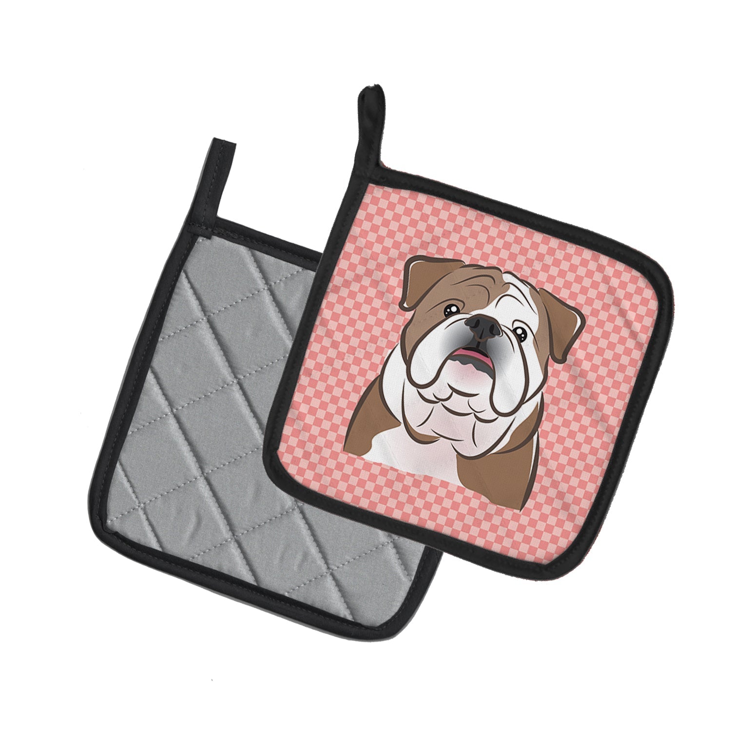Checkerboard Pink English Bulldog  Pot Holder Set of 2 Heat Resistant Quilted Hot Pads 7.5 x 7.5 Inch, Insulated Kitchen Trivets for Cooking & Baking