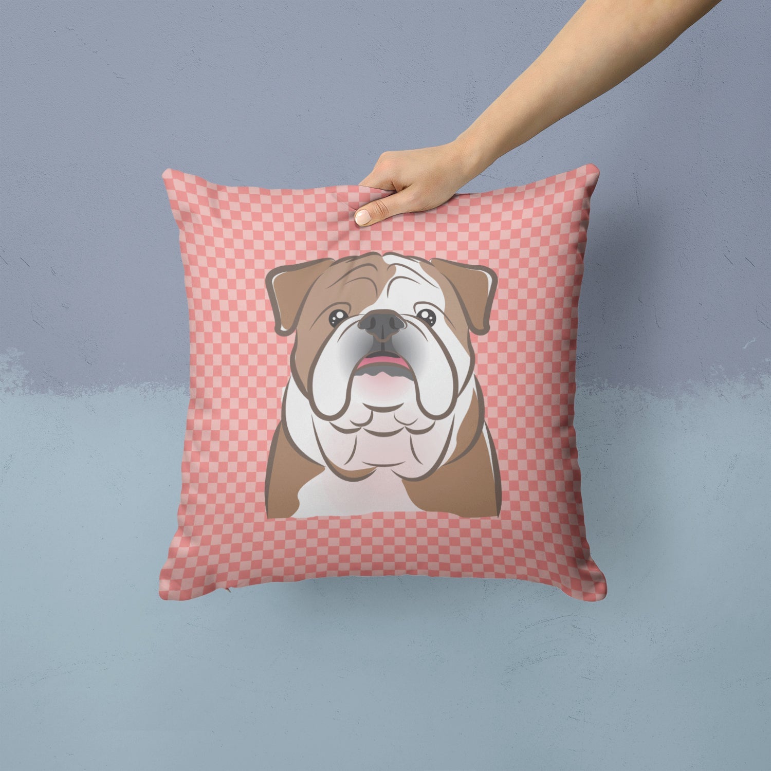 Checkerboard Pink English Bulldog  Decorative Throw Pillow 14x14 Indoor Outdoor Accent Cushion, Fabric Cover with Insert for Sofa, Bed, Porch & Living Room