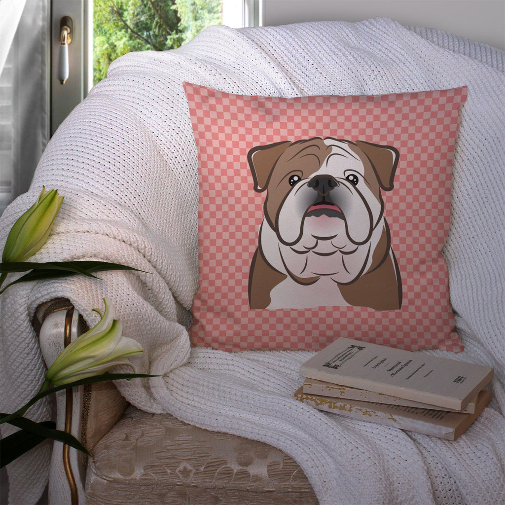 Checkerboard Pink English Bulldog  Decorative Throw Pillow 14x14 Indoor Outdoor Accent Cushion, Fabric Cover with Insert for Sofa, Bed, Porch & Living Room
