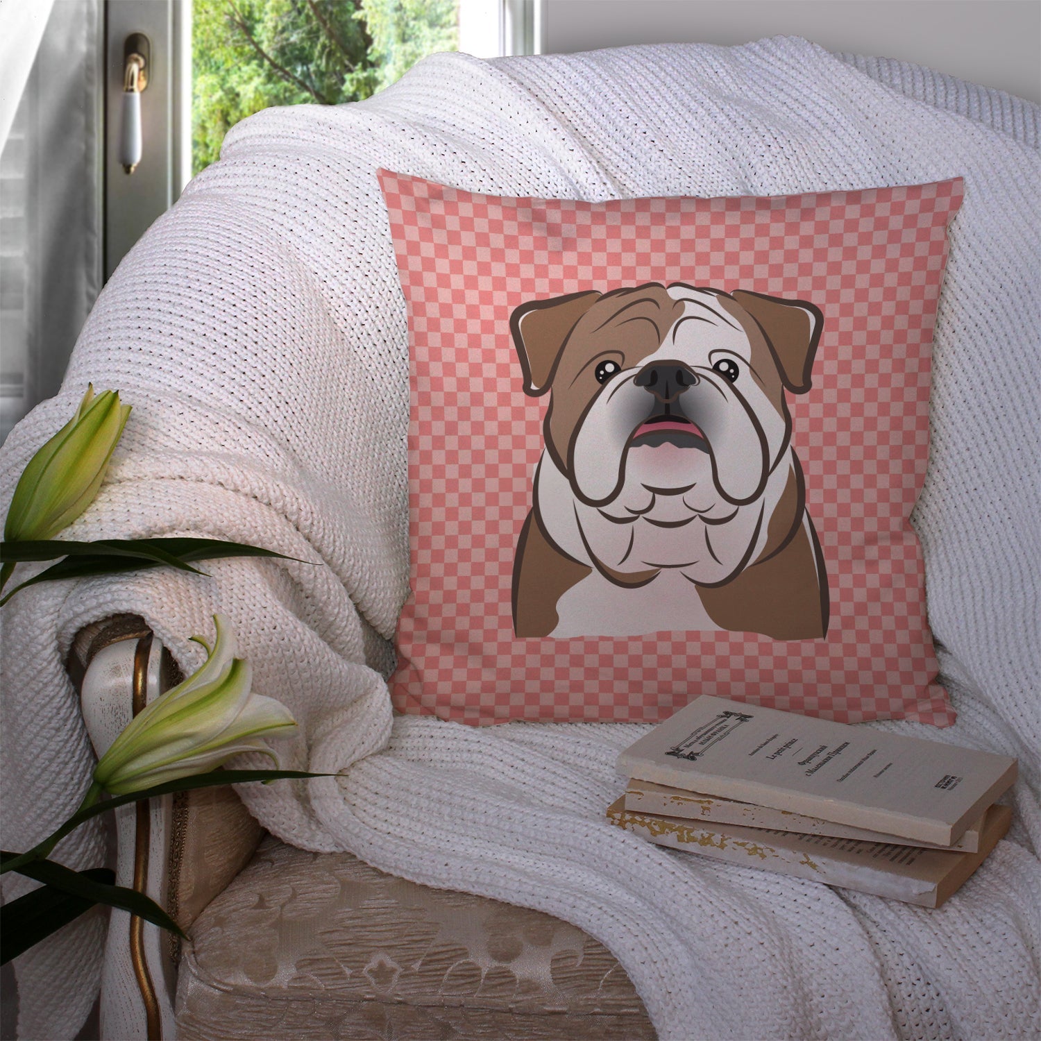 Checkerboard Pink English Bulldog  Decorative Throw Pillow 14x14 Indoor Outdoor Accent Cushion, Fabric Cover with Insert for Sofa, Bed, Porch & Living Room