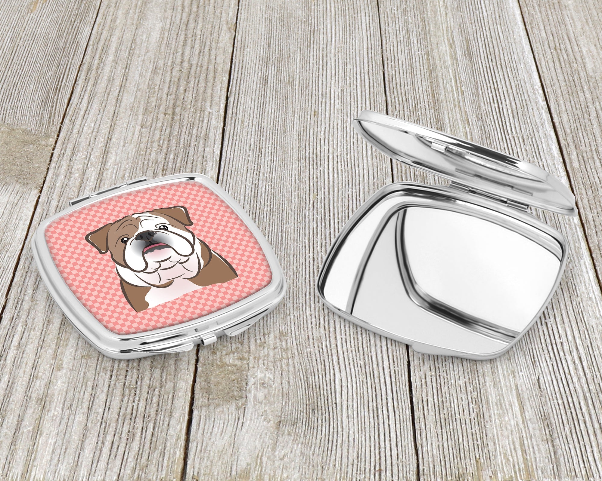 Checkerboard Pink English Bulldog  Compact Mirror Decorative Travel Makeup Mirror for Women Girls Gifts Pocket Makeup Mirror Folding Handheld