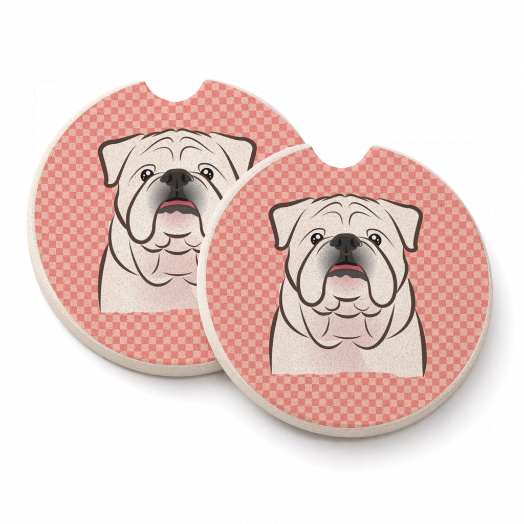 Checkerboard Pink White English Bulldog  Set of 2 Cup Holder Car Coasters Absorbent Round Sandstone Coasters Gifts for Men or Women, 2.5, Multicolor