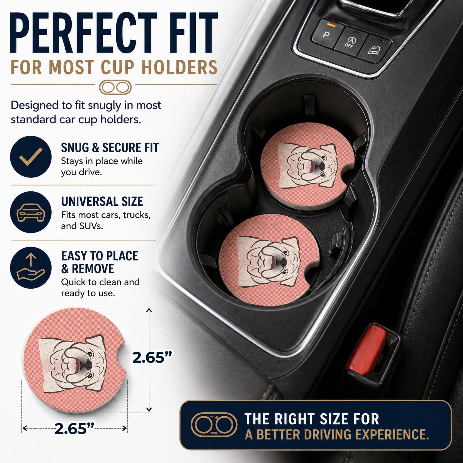 Checkerboard Pink White English Bulldog  Set of 2 Cup Holder Car Coasters Absorbent Round Sandstone Coasters Gifts for Men or Women, 2.5, Multicolor
