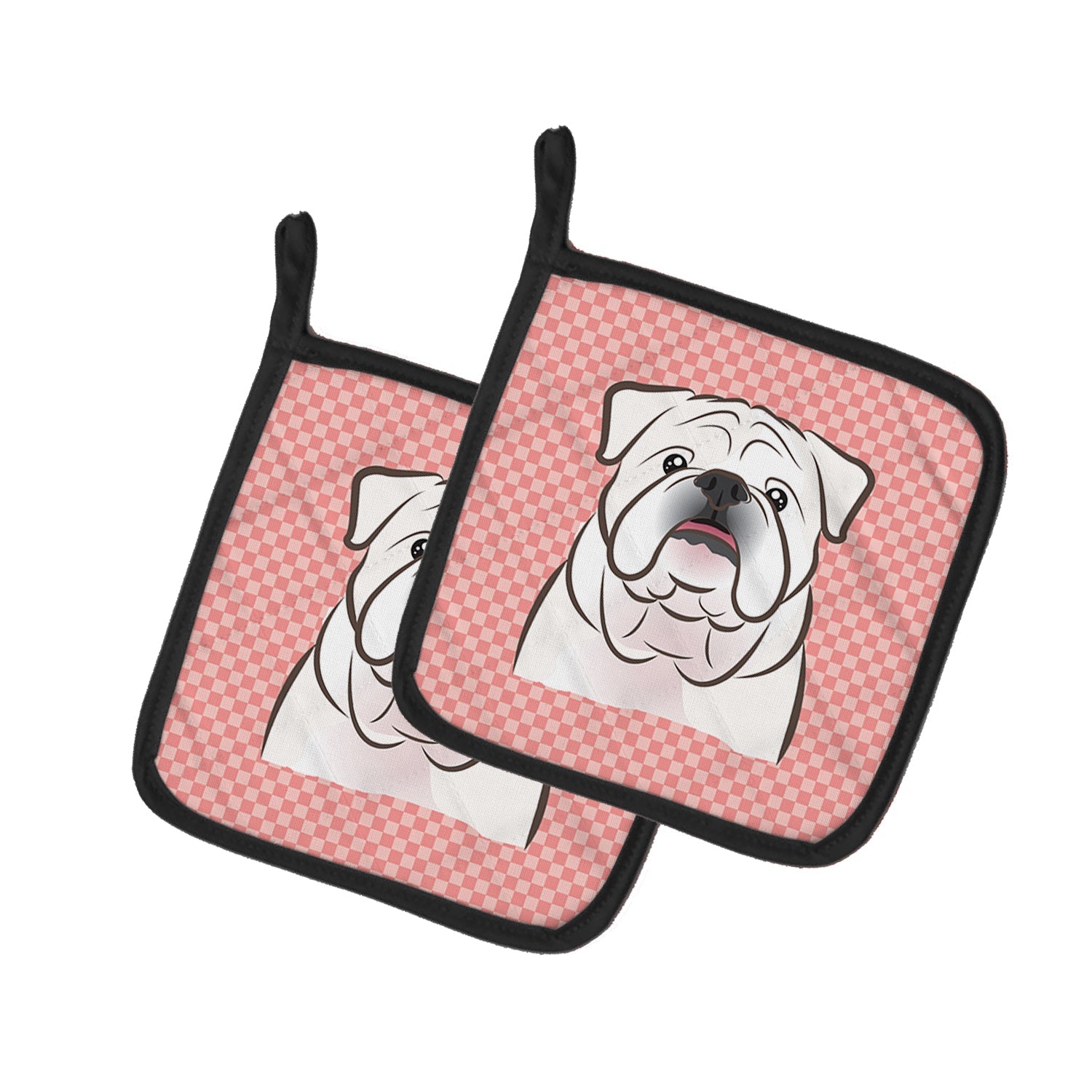 Checkerboard Pink White English Bulldog  Pot Holder Set of 2 Heat Resistant Quilted Hot Pads 7.5 x 7.5 Inch, Insulated Kitchen Trivets for Cooking & Baking