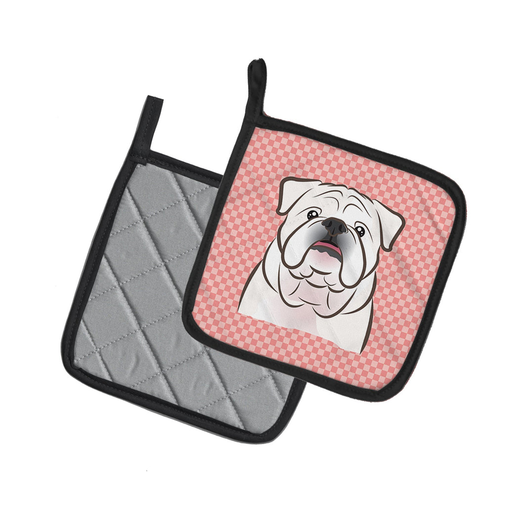 Checkerboard Pink White English Bulldog  Pot Holder Set of 2 Heat Resistant Quilted Hot Pads 7.5 x 7.5 Inch, Insulated Kitchen Trivets for Cooking & Baking