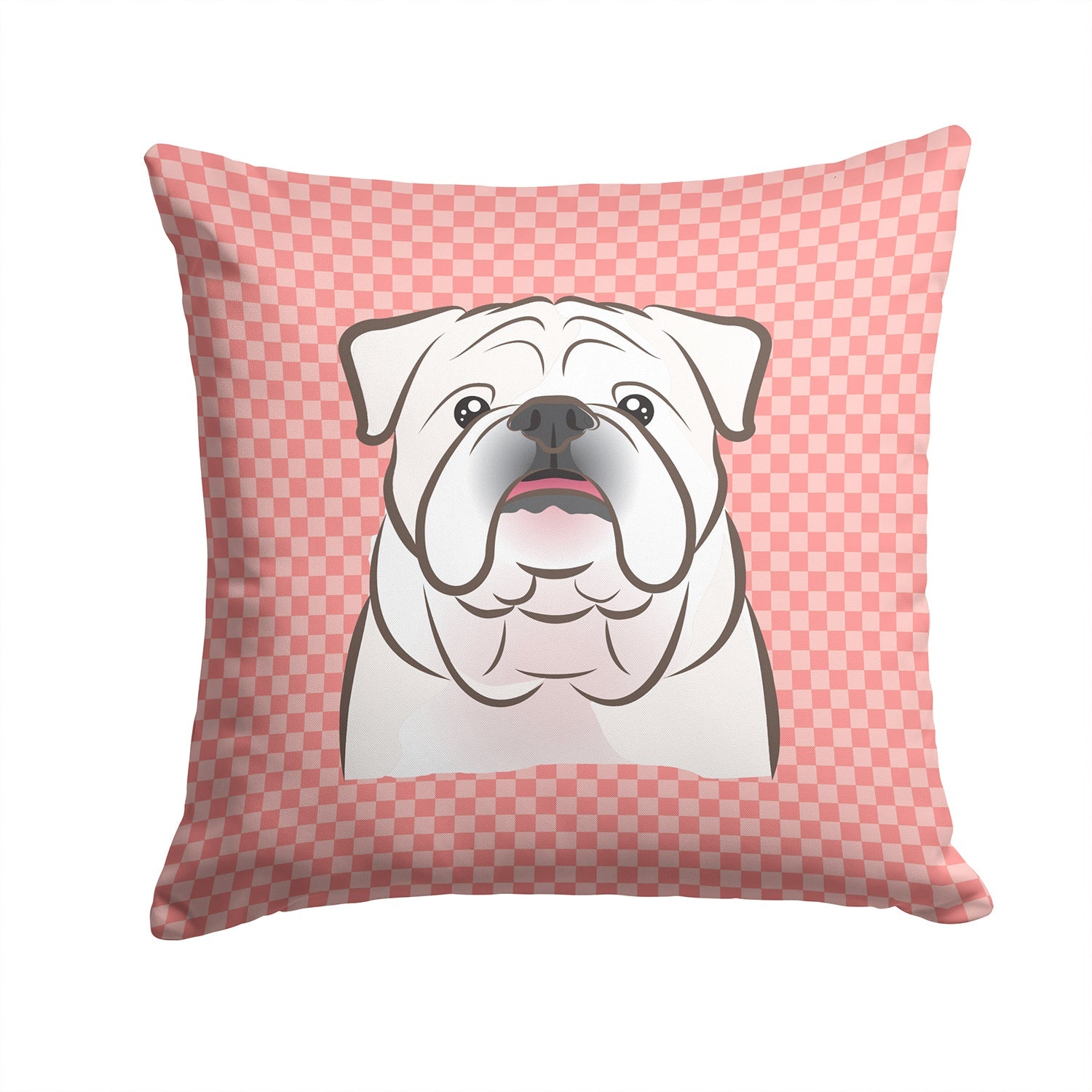Checkerboard Pink White English Bulldog  Decorative Throw Pillow 14x14 Indoor Outdoor Accent Cushion, Fabric Cover with Insert for Sofa, Bed, Porch & Living Room