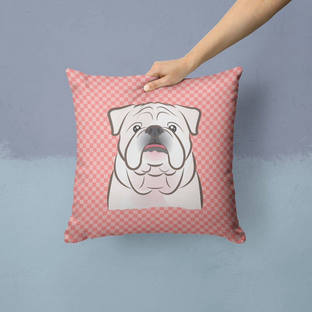 Checkerboard Pink White English Bulldog  Decorative Throw Pillow 14x14 Indoor Outdoor Accent Cushion, Fabric Cover with Insert for Sofa, Bed, Porch & Living Room