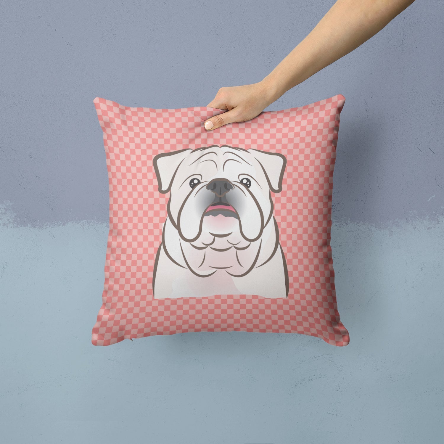 Checkerboard Pink White English Bulldog  Decorative Throw Pillow 14x14 Indoor Outdoor Accent Cushion, Fabric Cover with Insert for Sofa, Bed, Porch & Living Room