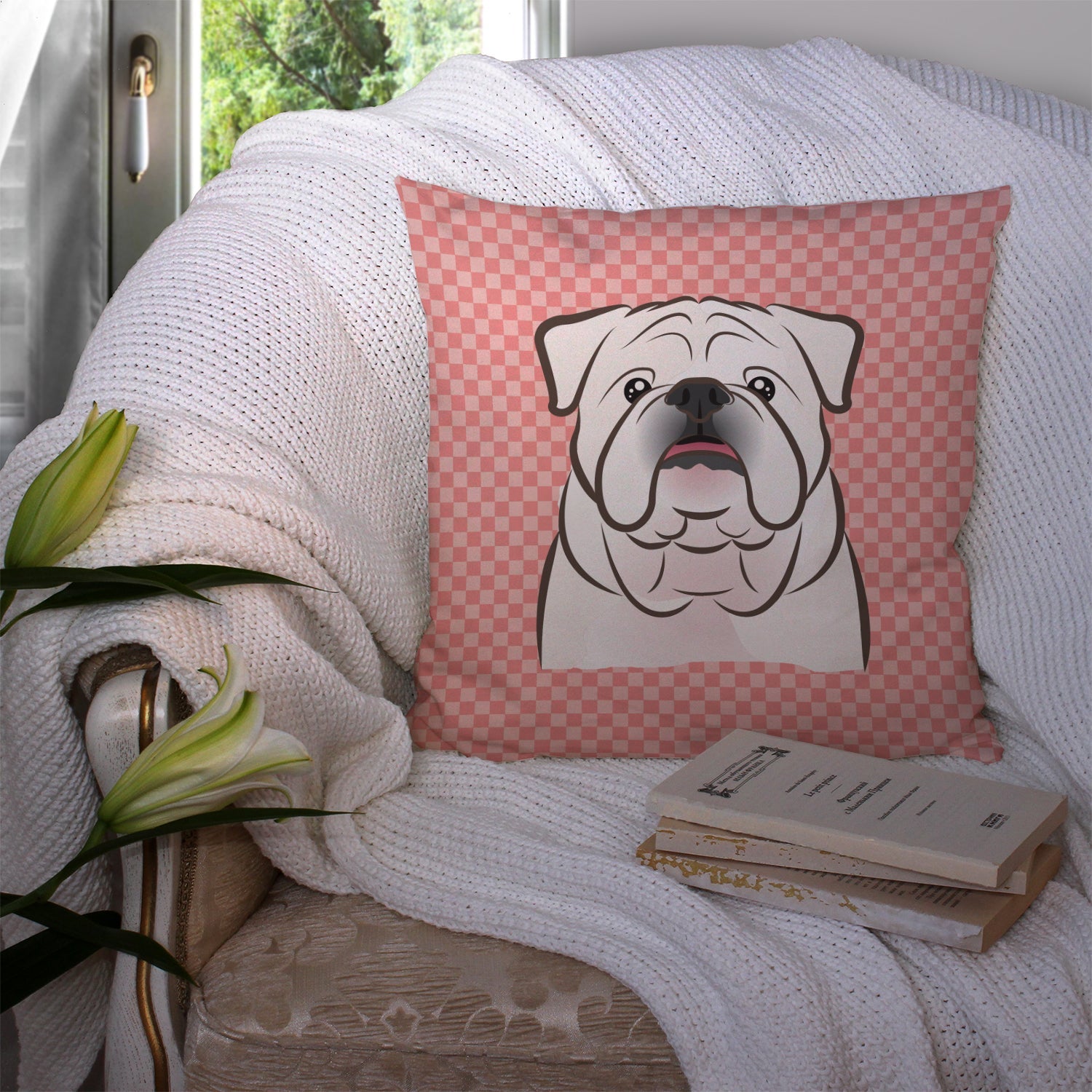 Checkerboard Pink White English Bulldog  Decorative Throw Pillow 14x14 Indoor Outdoor Accent Cushion, Fabric Cover with Insert for Sofa, Bed, Porch & Living Room