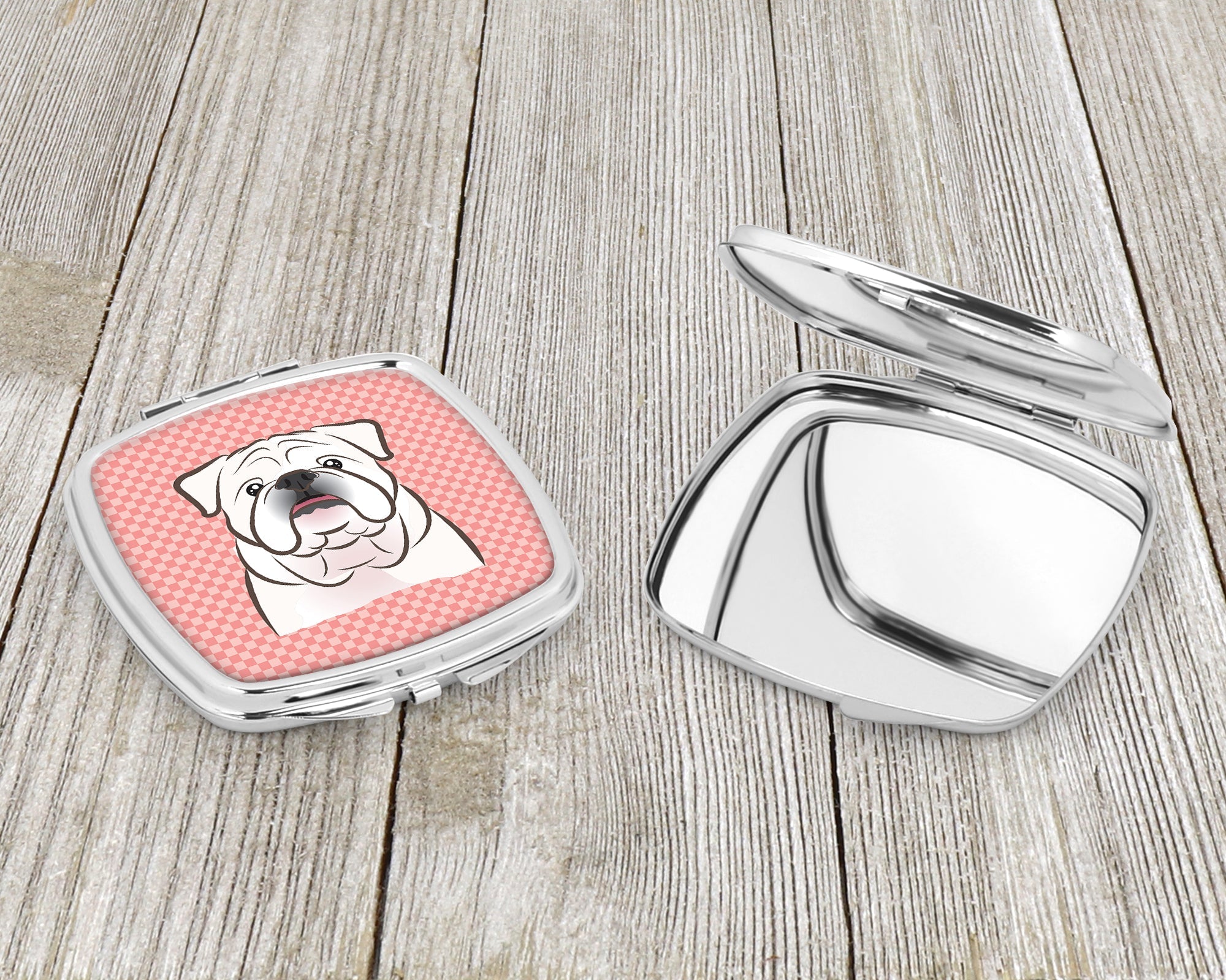 Checkerboard Pink White English Bulldog  Compact Mirror Decorative Travel Makeup Mirror for Women Girls Gifts Pocket Makeup Mirror Folding Handheld